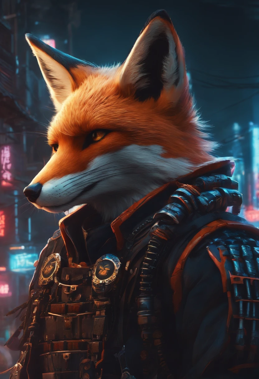 Fox, cyberpunk style, samurai style, samurai urbano, badass anime, cyber samurai