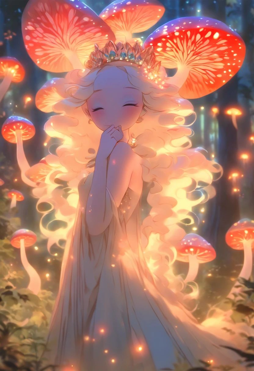 (best quality,ultra-detailed),mushroom forest queen goddess,ethereal,enchanted forest,beautiful detailed eyes,beautiful detailed lips,flowing gown,graceful pose,fairy wings,halo of light,magical crown,glowing mushrooms,whispering trees,mystical atmosphere,soft sunlight filtering through leaves,dreamlike colors,fantasy art,whimsical,mythical,otherworldly,lush vegetation,serene expression,alluring presence,harmony with nature,dancing with butterflies,luminous glow,transcendent beauty,majestic presence,enchanted beings,ethereal glow,tranquil aura,peaceful ambiance