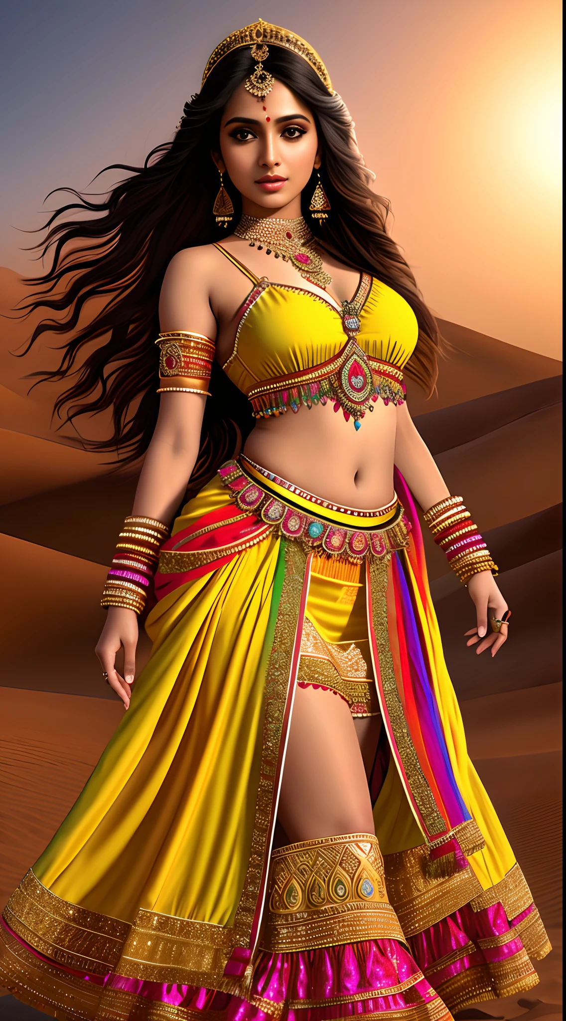 create 25 year old beautiful Indian bride in Full body photography of the most beautiful artwork in the world, a beautiful woman in intricate costume burning in the desert, rainbow colors, ArtStation, CGSociety, complex, high detail, clear focus, dramatic, realistic pictorial art trends Greg Rutkovsky, upper boob visible, dynamic pose, 8k
