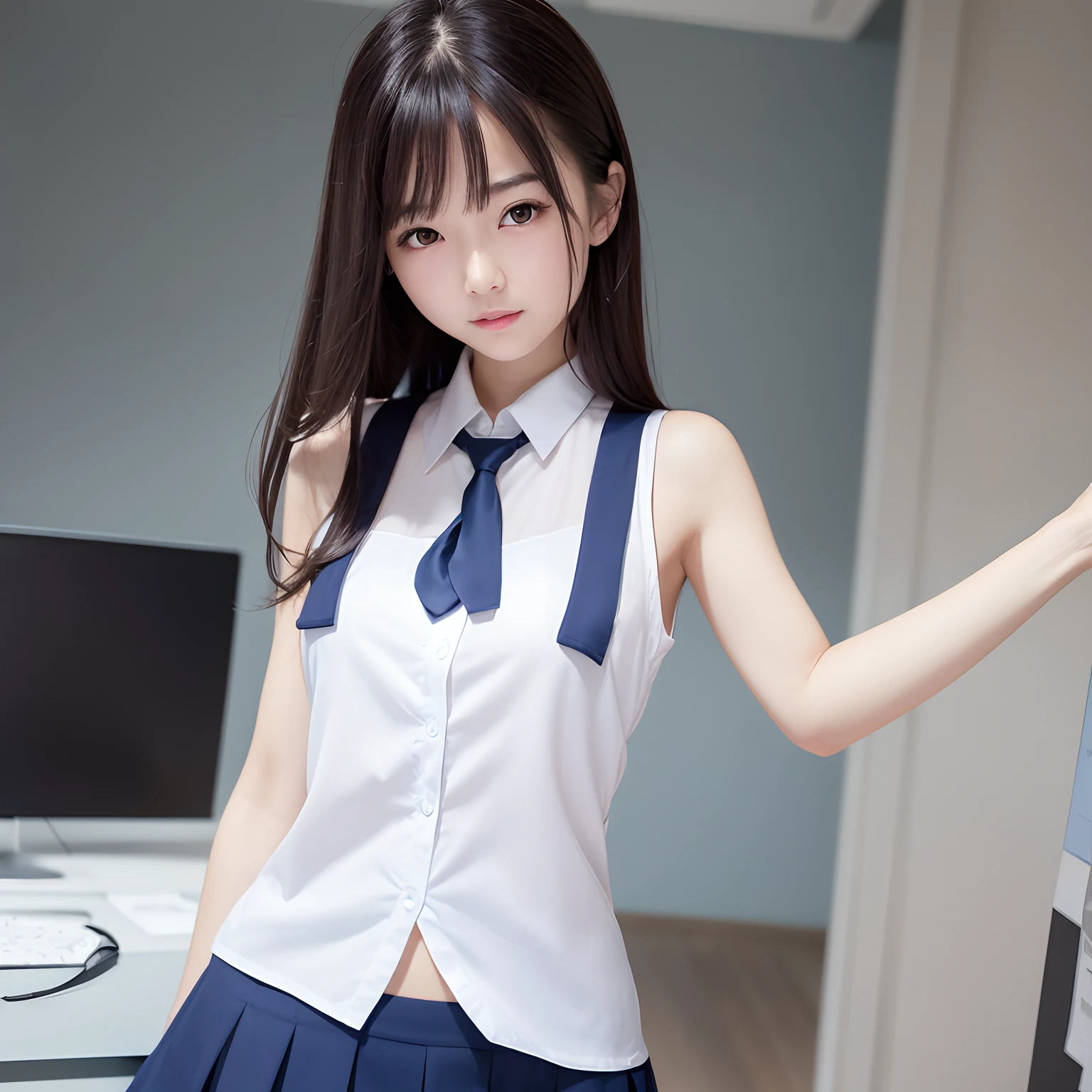 超A high resolution、top-quality、​masterpiece、a beauty girl、cute  face、Very small breasts、slender body and limbs,、Office Uniform、Wearing a dark blue vest、White shirt with open chest、Short skirt flips、kindly smile