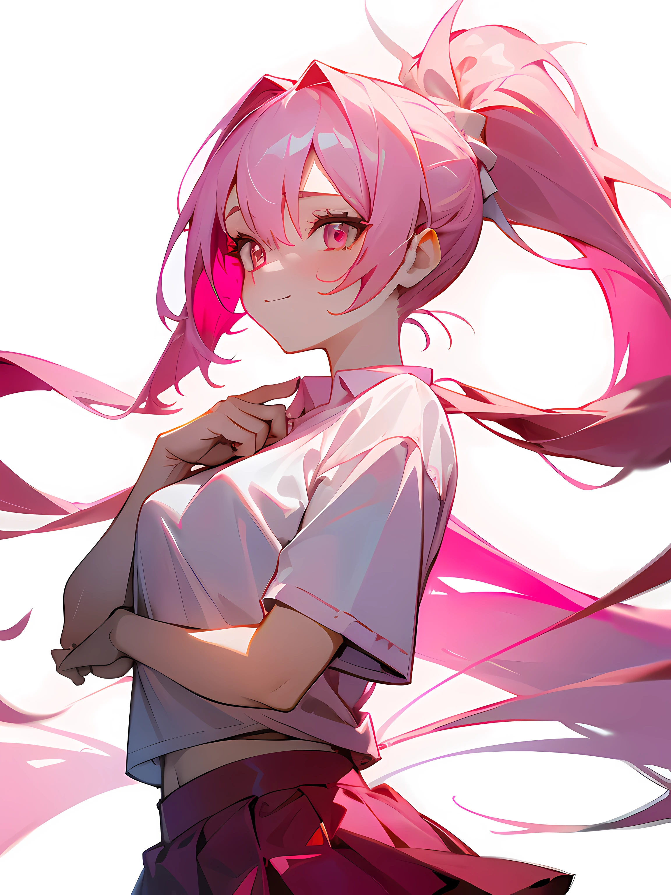 1girl, long pink hair, ponytail, pink eyes, plain white shirt, red skirt, happy, upper body shot, absurdres, high res, ultrasharp, 8k, masterpiece