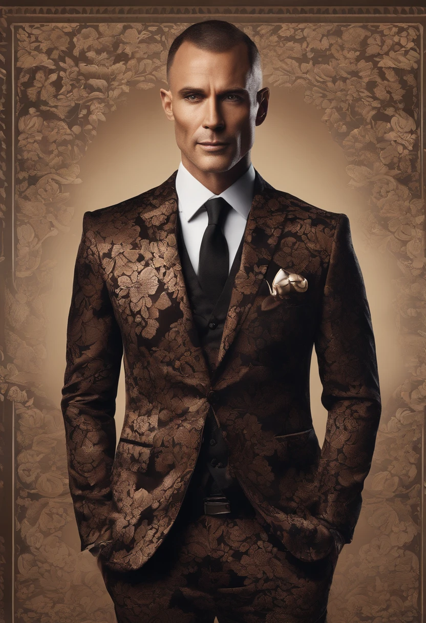 Cinematic Photo, Wide angle, handsome man, Tall and fit, 40years old, (Shaven:1.4) , short curly brown hair. dark brown tight velvet suit, (The jacket is decorated with black floral patterns:1.2). Clean composition, Strong Details, Muted colors, Hasselblad - raw style