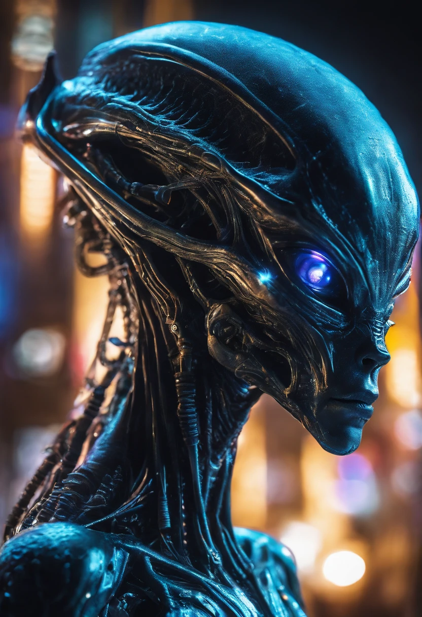 A translucent ethereal alien with delicate facial features in a sci-fi setting, glowing from within, Sparks and lights, moon light, luna, a closeup of a, Realistic, Highly detailed, Intricate