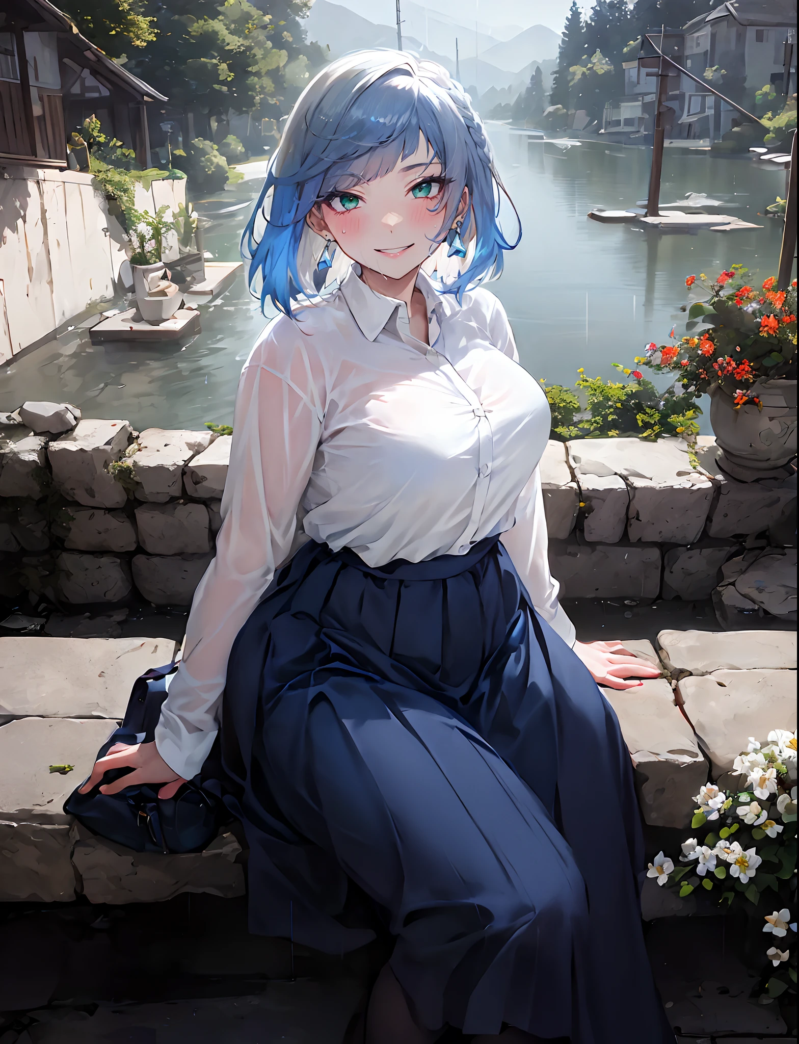 yelan_genshin, (blue hair:1.4), multicolored hair, short hair, green eyes, (plump:1.2), breast press, long_skirt, 1girl, sitting, skirt, see-through, breasts, solo, large_breasts, looking_at_viewer, rain, long_sleeves, shirt, bra_through_clothes, blue_skirt, blush,  outdoors, long_hair, high-waist_skirt, earrings, jewelry, stairs, white_shirt, bangs, flower, collared_shirt, lips, bag