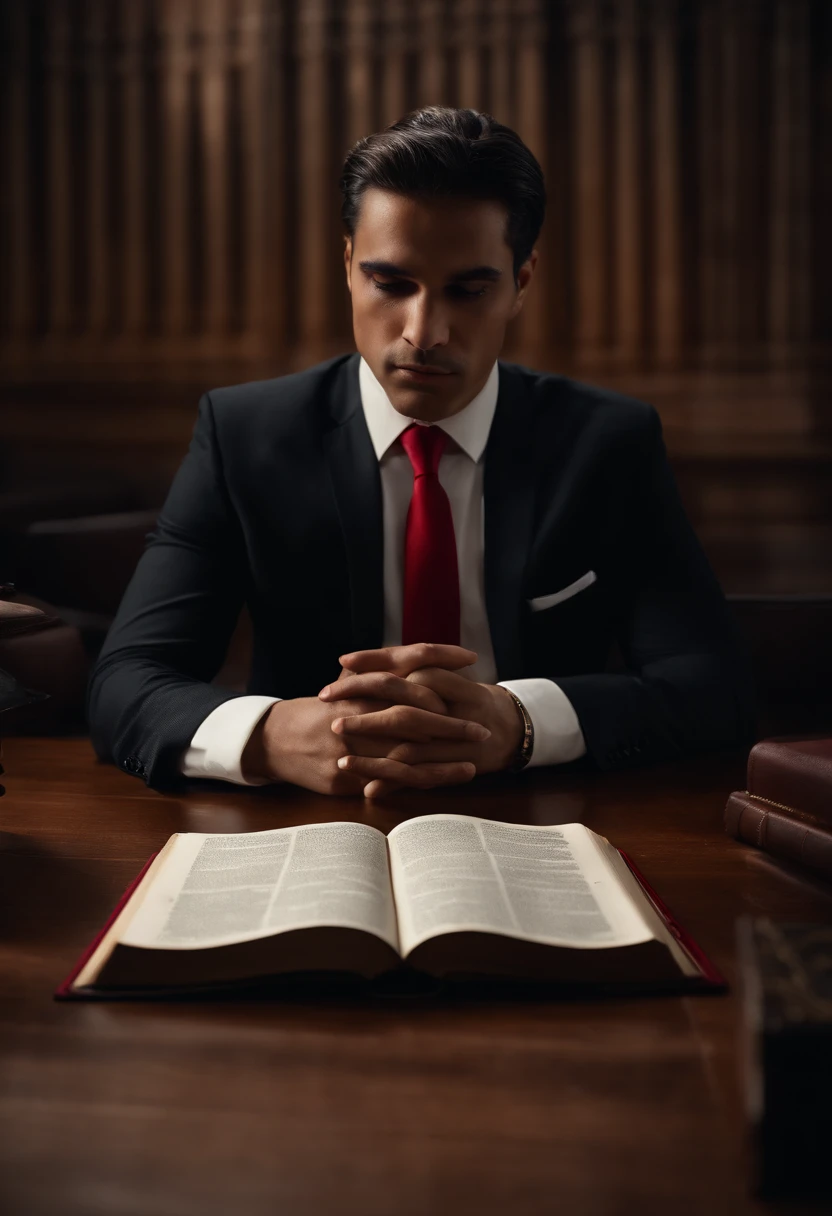 Roberto Gomez Bolanos, white shirt, brown dress pants, black dress shoes, red tie, holding the holy bible, looking at the viewer, ultra realistic, 8k