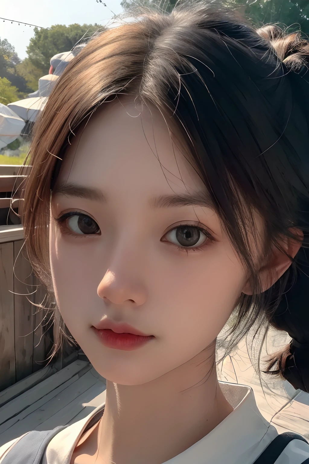 1girll,Light shines on the face, rosy lips, topknot, glowing eyes, hair bun, Surrealism, close-up, Sony FE GM, polar opposites, symmetry, UHD, masterpiece, super detail, high details, highres, (Smoother Lighting: 1.05), (Improved Movie Lighting Quality: 0.9), (Brightened Light: 1.2),