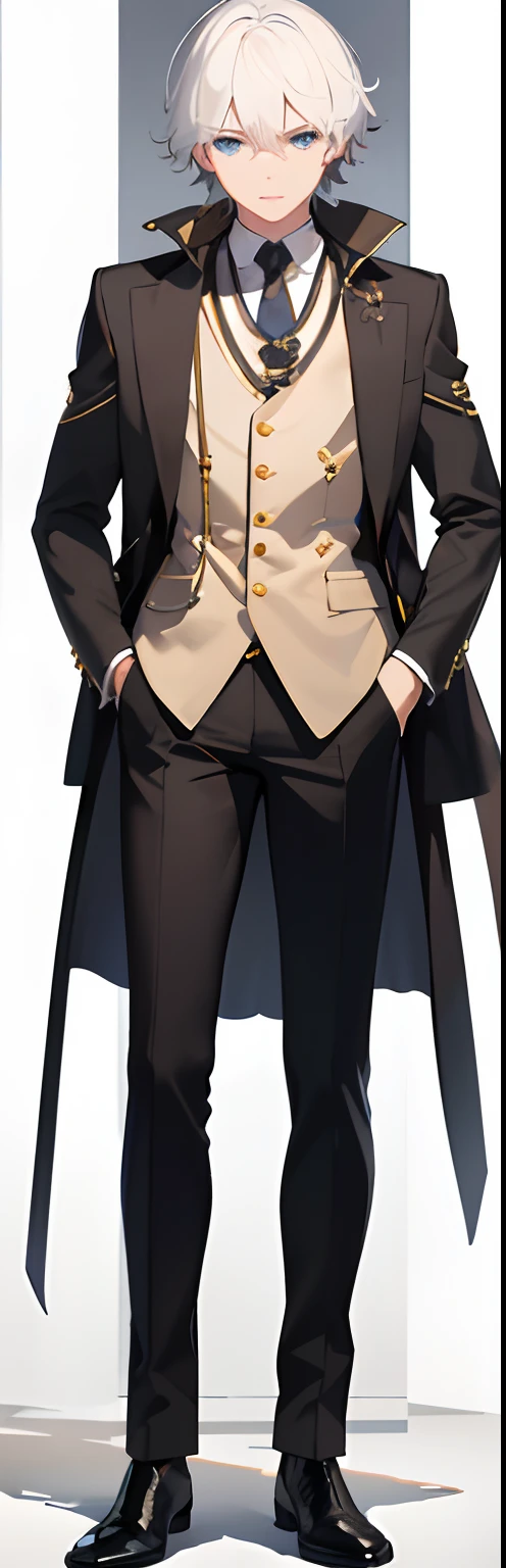 Full-body Vtuber, Full-body portraits, Looks clear.., The best quality masterpiece, masculine, looking at the audience, Stand and look straight at the audience.., single, Blue Eyes, Pastor's uniform, White Hair, Cross necklace, Full-body portraits, ((10 , raw photograph, top-quality, master-piece), professional foto, (best shadows), ultra-high resolution, cinematic light, High profile CG including 8K wallpapers, Whole body,