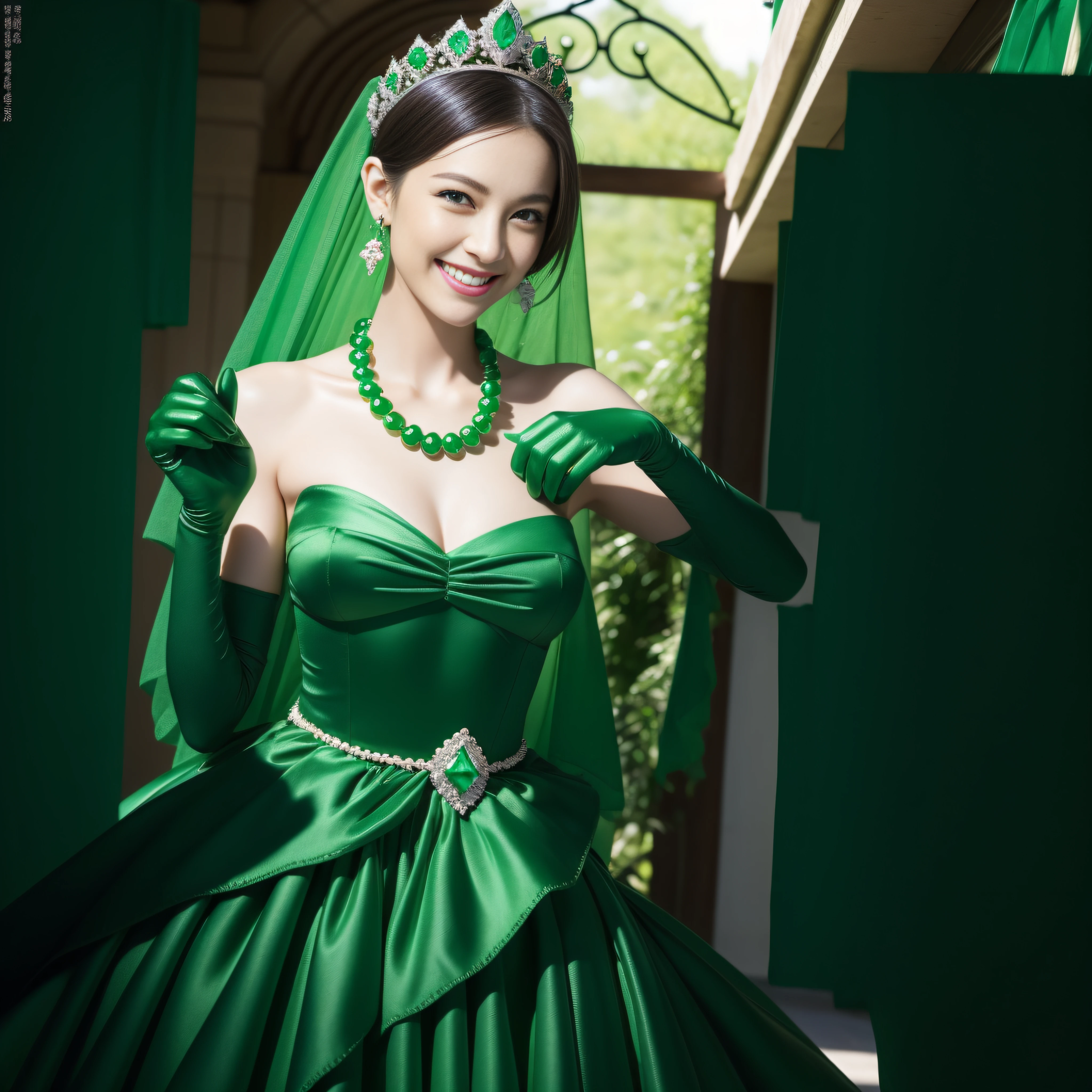 emerald tiara, Green Pearl Necklace, Boyish very short green hair, lipsticks, Japan woman smiling, very short short hair, big breasts beautiful, Green eyes, Long green gloves made of satin material, Green eyes, Emerald Earrings, Green dress