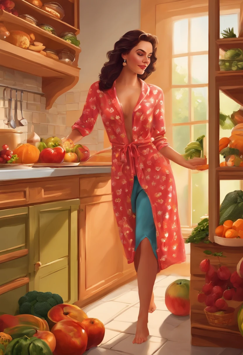 European woman，Bright kitchen，Lots of fruits and vegetables , sitting in pantry  , wearing sexy pijama , Sarilan is fat for height