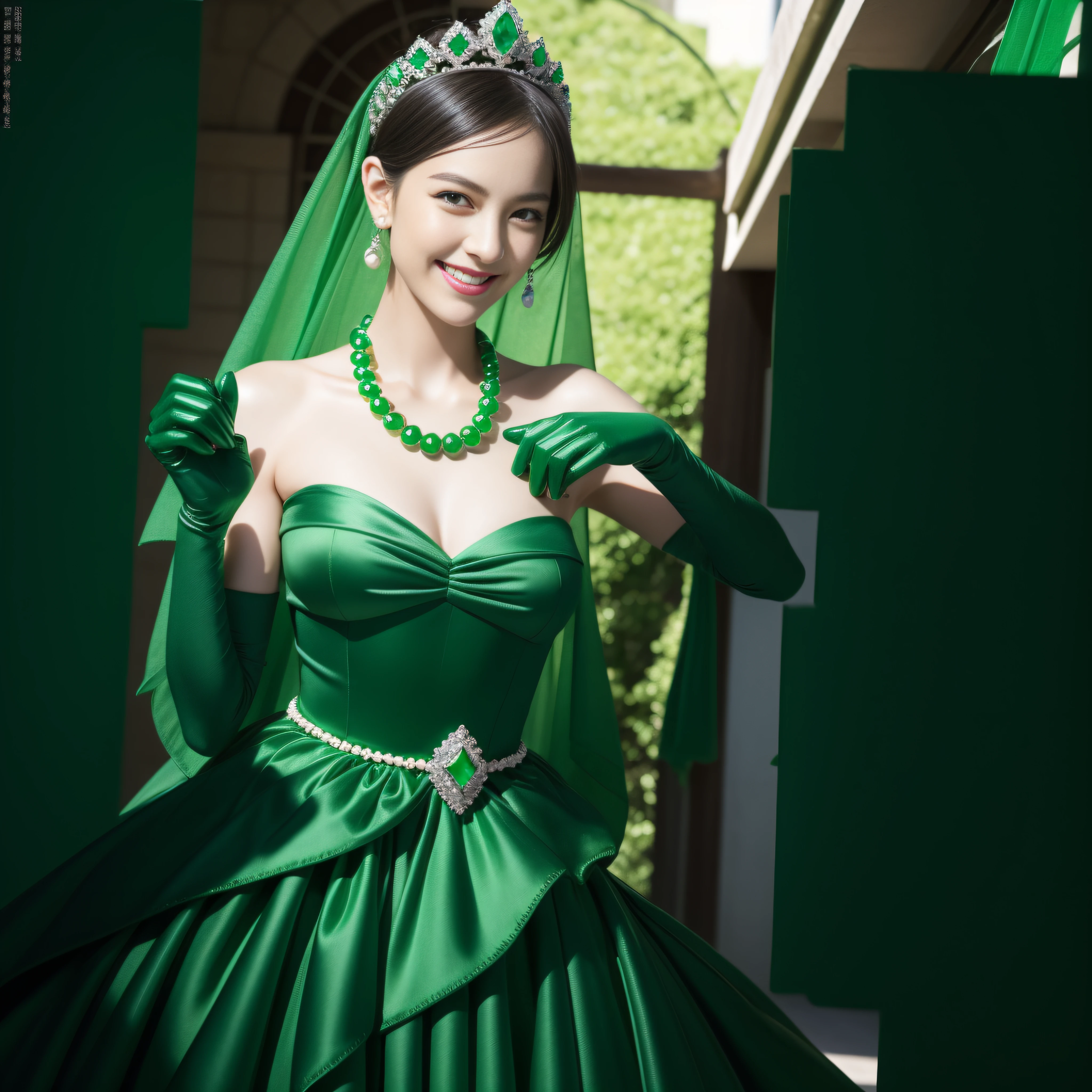 emerald tiara, Green Pearl Necklace, Boyish very short green hair, lipsticks, Japan woman smiling, very short short hair, big breasts beautiful, Green eyes, Long green gloves made of satin material, Green eyes, Emerald Earrings, Green dress