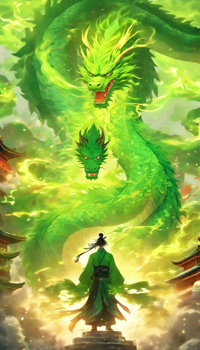 China-style，中景 the scene is，The Taoist priest stood in front of the huge green dragon，Stretch your hands，Long messy hair，Glow effects，Hyper-realistic，Ultra photo realsisim，Chinese black and white ink style，Silver，Decolorization，Smudge，ink，8K，super-fine，high qulity，OC renderer