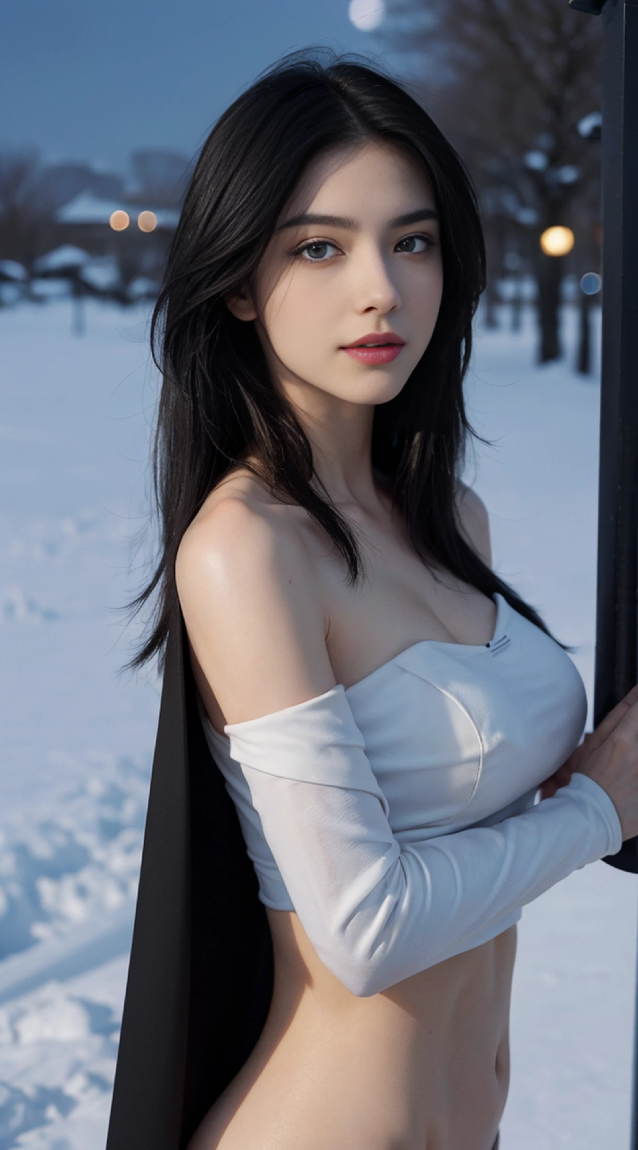 8K, Top Quality, Intricate Details, Ultra Detail, Ultra High Resolution, Masterpiece, random angle, Slender, Smile, (Makeup: 0.4), (Fluffy Blue Eyes: 1.21), blue Eyes, looking at viewer, ((full body)), 1girl, solo, 1 girl, (( full body)), close up shot, , ((tall)), (((fit body))), (((slim face))), sharp face, sharp eyes, (((black hair, long hair, )) , (detailed face), sharp face, small lips, holding pistol, handgun,
(( )), ((, one side cape, shoulder cape )), detailed face, detailed breast, , large breast, detail ass, , Beautiful girl with accentuated slender abs: 1.4, Six Pack Abs: 1.4, Bust Botox, Big, Perfect Body, detail leg, (( moonlight)), in the snow