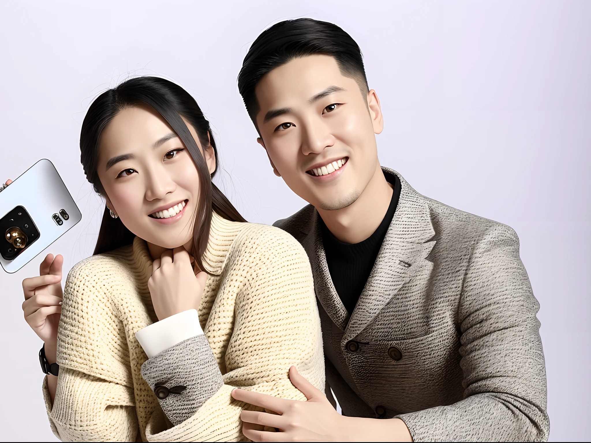Two people posed for a group photo on the white carpet, Ruan Jia and Fenghua Zhong, Happy couple, cute couple, Li Zixin, zmonzheng, Smiling couple, couples portrait, photoshoot, couple, tang mo, product introduction photos, jinyiwei, 60mm portrait, ruan jia and brom, couples portrait,high-definition photography,8K
