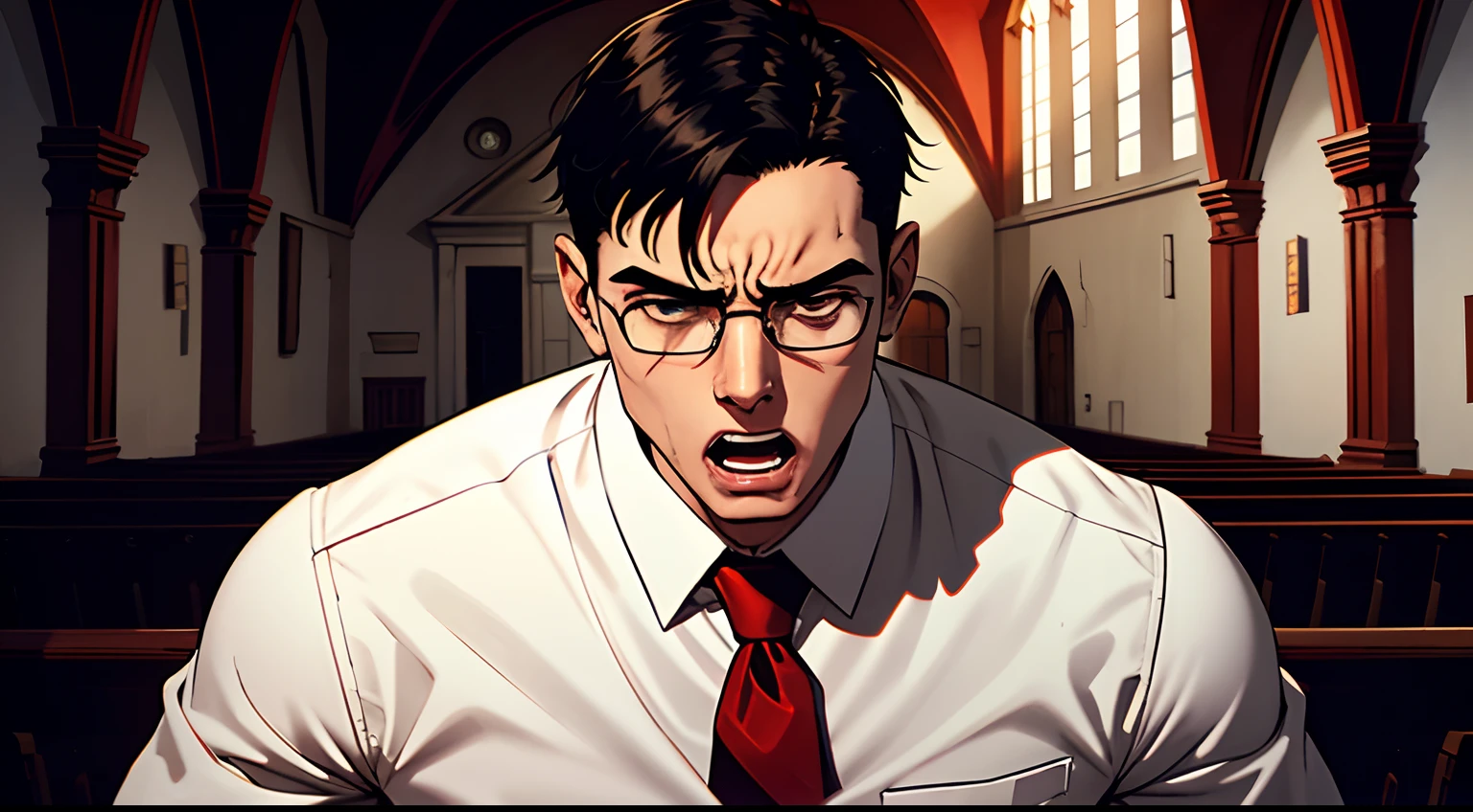 skinny guy, short black hair, glasses, wearing a white shirt, red tie, sad, scream, inside the old church, creepy church, night time
