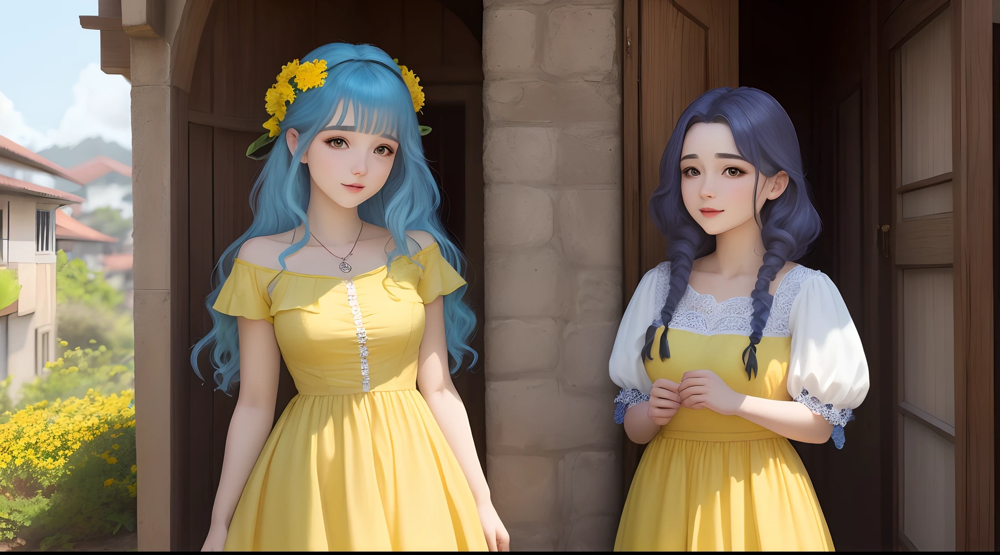 Garota meio fada, cabelo azul com uma pequena flor amarela, vestido vermelho, colar de prata com gema, cidade medieval