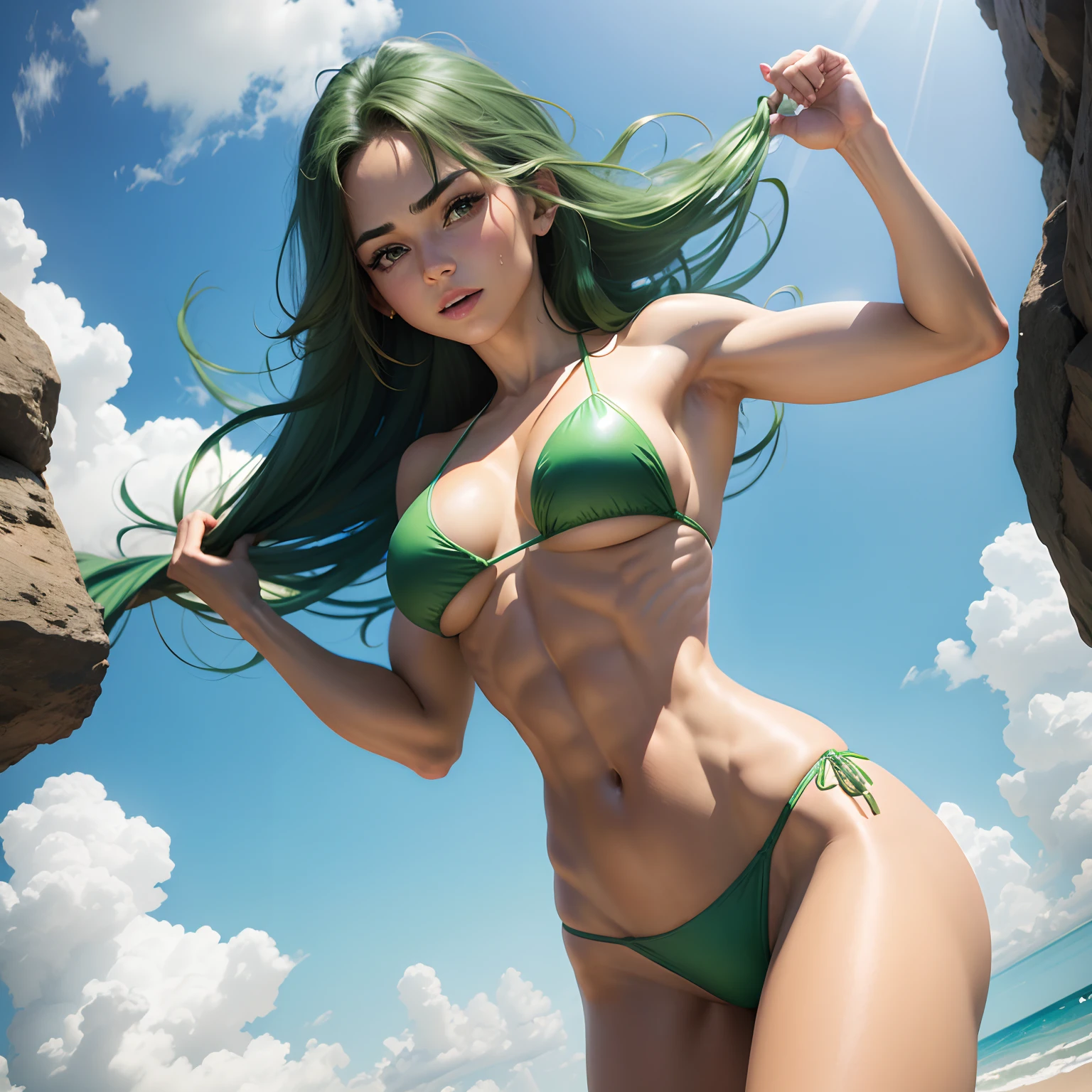 Nu de peito,peito enorme,There are abs,Mulher musculosa,cabelos verdes,Transparent green bikini