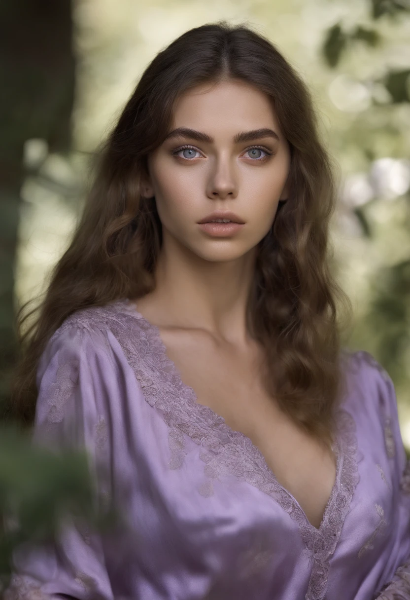 Arafed woman completely , fille sexy aux yeux bruns, ultra realist, Meticulously detailed, Portrait Sophie Mudd, cheveux bruns et grands yeux, Photo of a young woman, Yeux de jardin, Violet Myers, sans maquillage, maquillage naturel, looking straight at camera, Visage avec Artgram, Maquillage subtil, Great photo of the whole body kneeling on the bed, dans le jardin, Medium to large bust