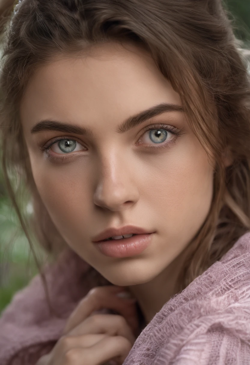 Arafed woman completely , fille sexy aux yeux bruns, ultra realist, Meticulously detailed, Portrait Sophie Mudd, cheveux bruns et grands yeux, Photo of a young woman, Yeux de jardin, Violet Myers, sans maquillage, maquillage naturel, looking straight at camera, Visage avec Artgram, Maquillage subtil, Great photo of the whole body kneeling on the bed, dans le jardin, Medium to large bust