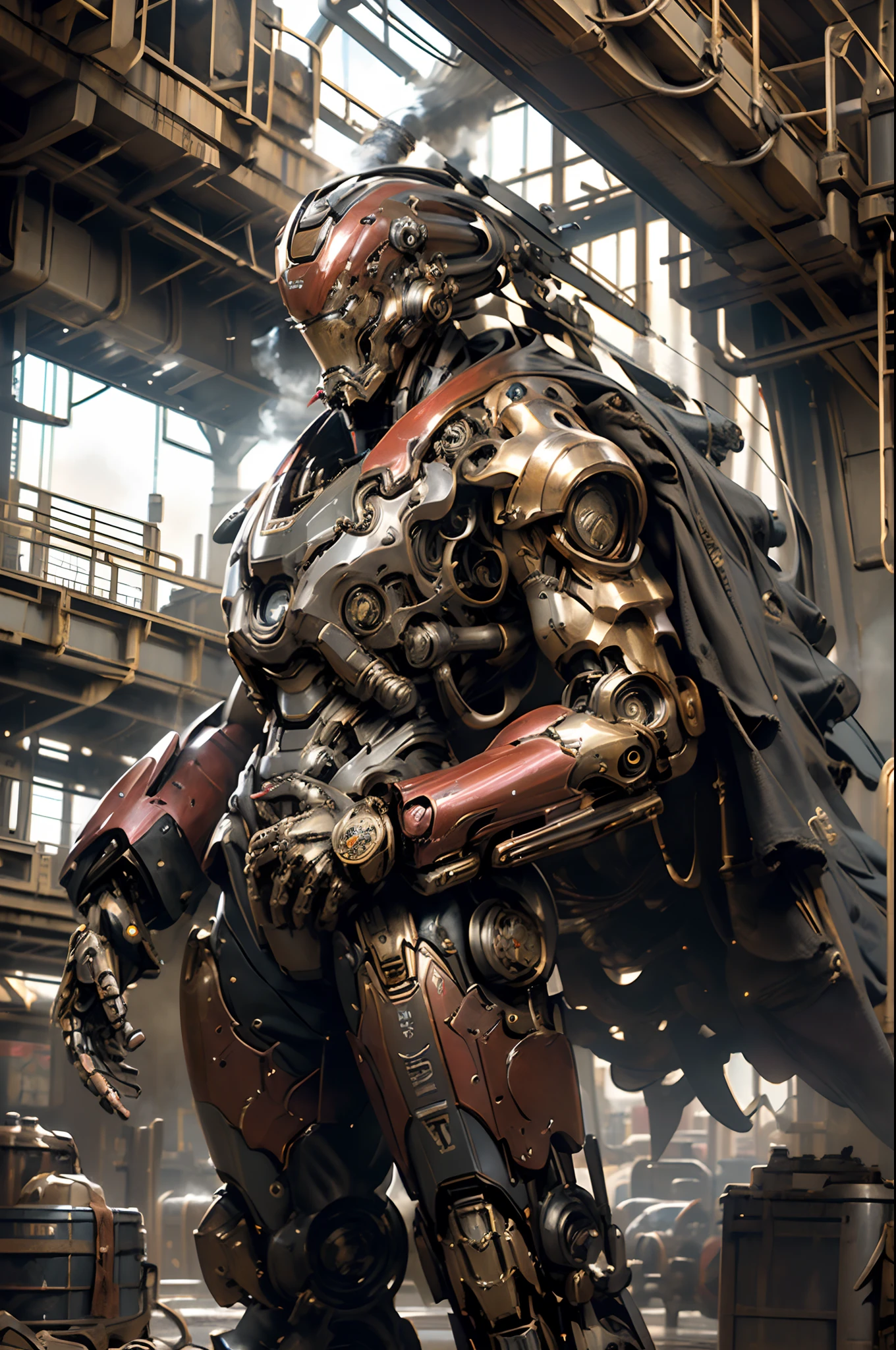 Masterpiece, centered image, front facing, full body portrait photography of ironman wearing futuristic steampunk robotic suit, ((steam engine, steam-mechanical, heavy retro-machine, steam pipes, red and gold color)) red and gold color, hyper realistic, hyper detailed mechanical, clean sharp image, 16K, HD, High Quality