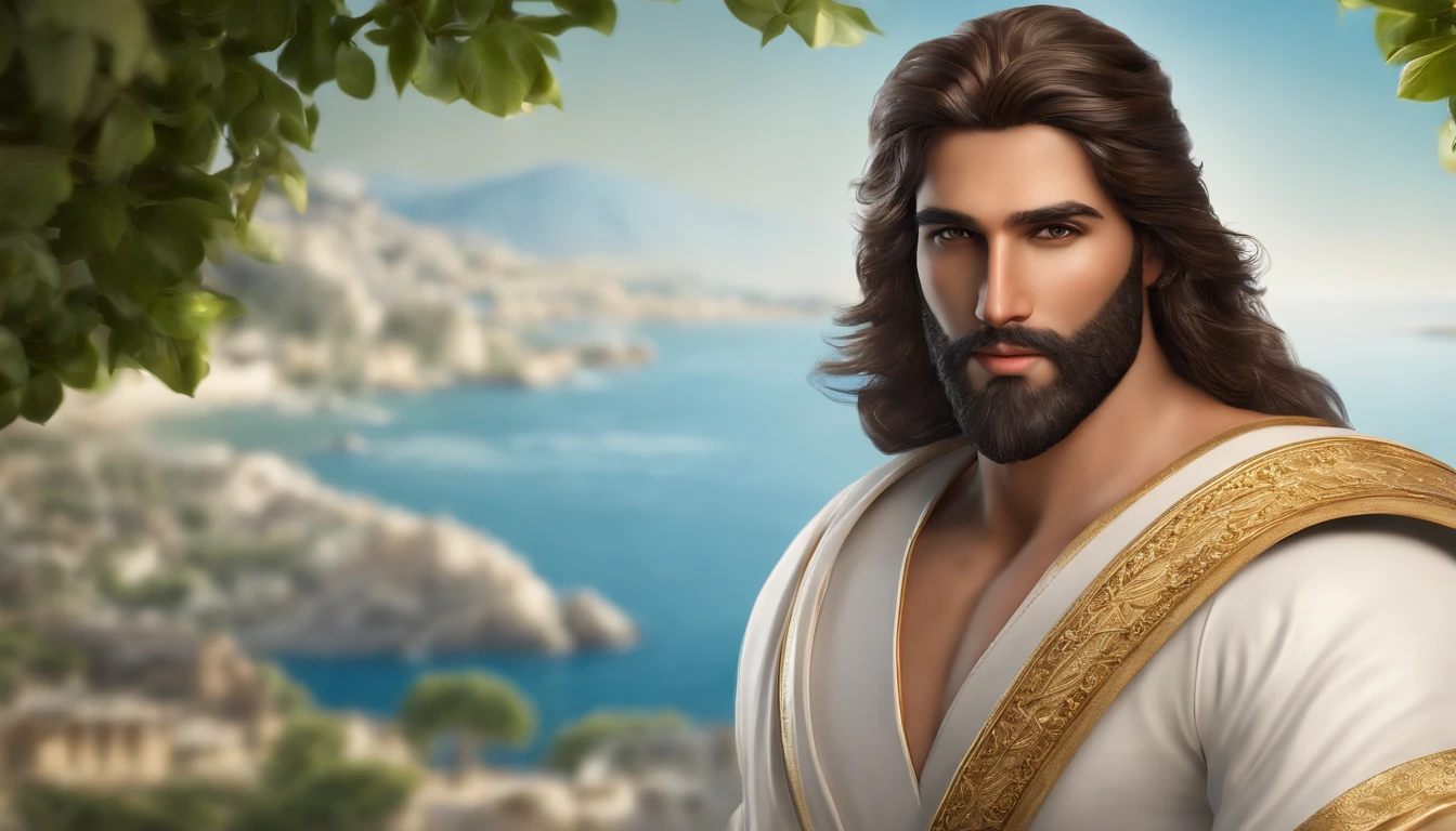 Digital realistic front pose looking image of a most attractive sun god, age 30, face fair, very attractive, handsome, romantic , wisdom full attractive mesmerizing divine eyes looking in front pose, sharp nose, smiling lips , have long loose golden hairs. Good looking beard , Body appearance elegant, stout, masculine, dynamic, looks mighty like a handsome greek god, wears a white robe, detailed realistic looking avatar.