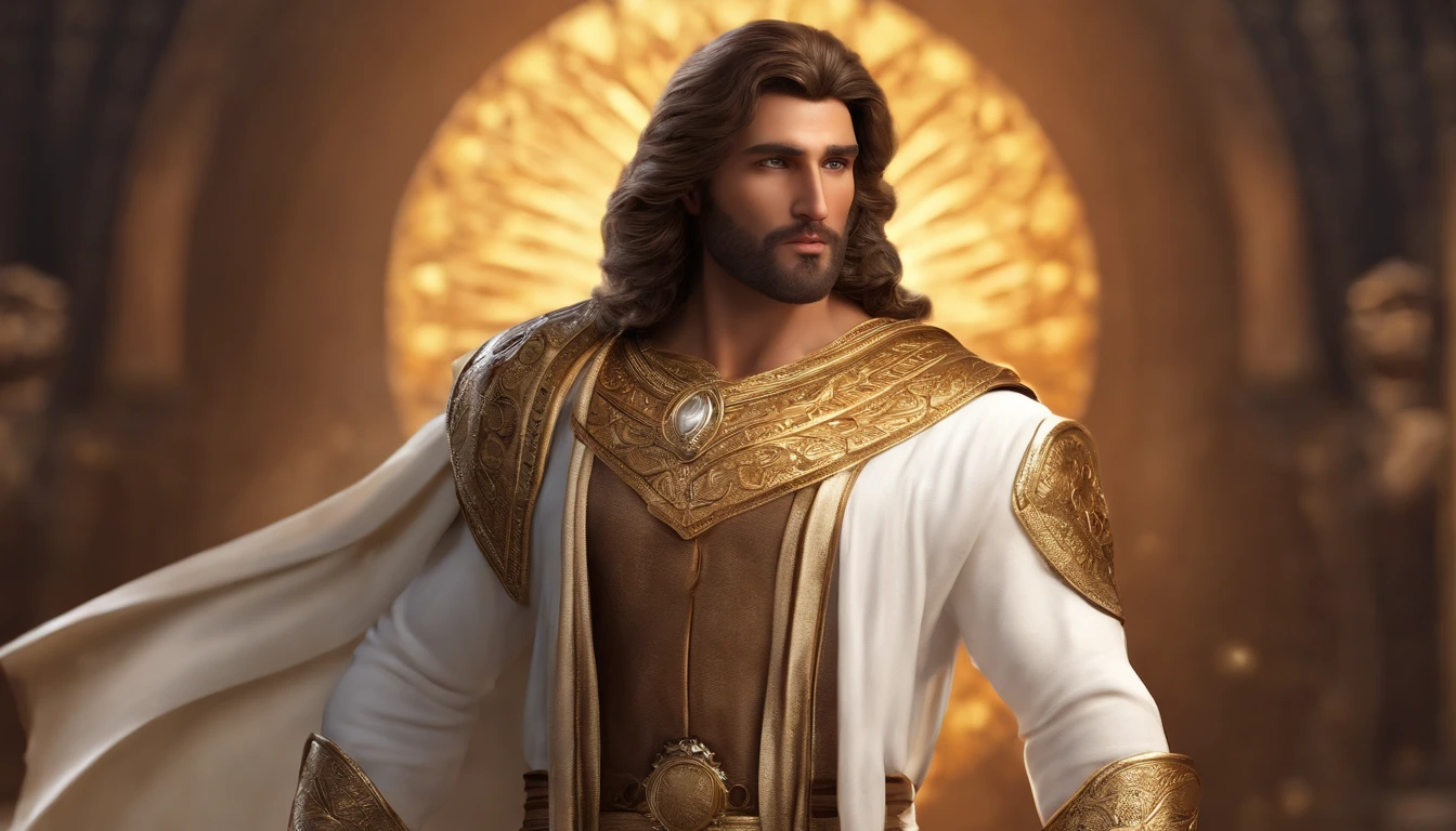 Digital realistic front pose looking image of a most attractive sun god, age 30, face fair, very attractive, handsome, romantic , wisdom full attractive mesmerizing divine eyes looking in front pose, sharp nose, smiling lips , have long loose golden hairs. Good looking beard , Body appearance elegant, stout, masculine, dynamic, looks mighty like a handsome greek god,  wears a white robe, detailed realistic looking avatar.