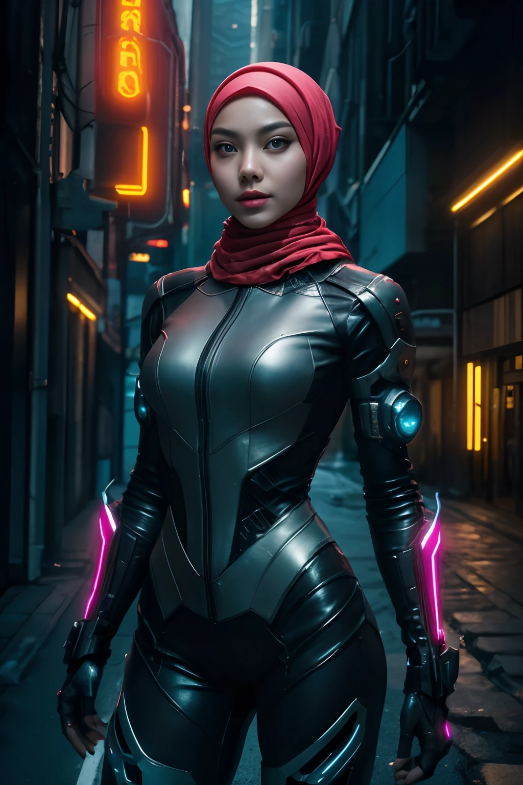 cyber punk malay Girl in hijab,(top-quality、8K、32K、​masterpiece)、(The ultra -The high-definition)、(Photorealsitic:1.4), dynamic pose, cowboy shot, cyberpunk fashion,depth of fields, cyberpunk city background, cinematic lighting.