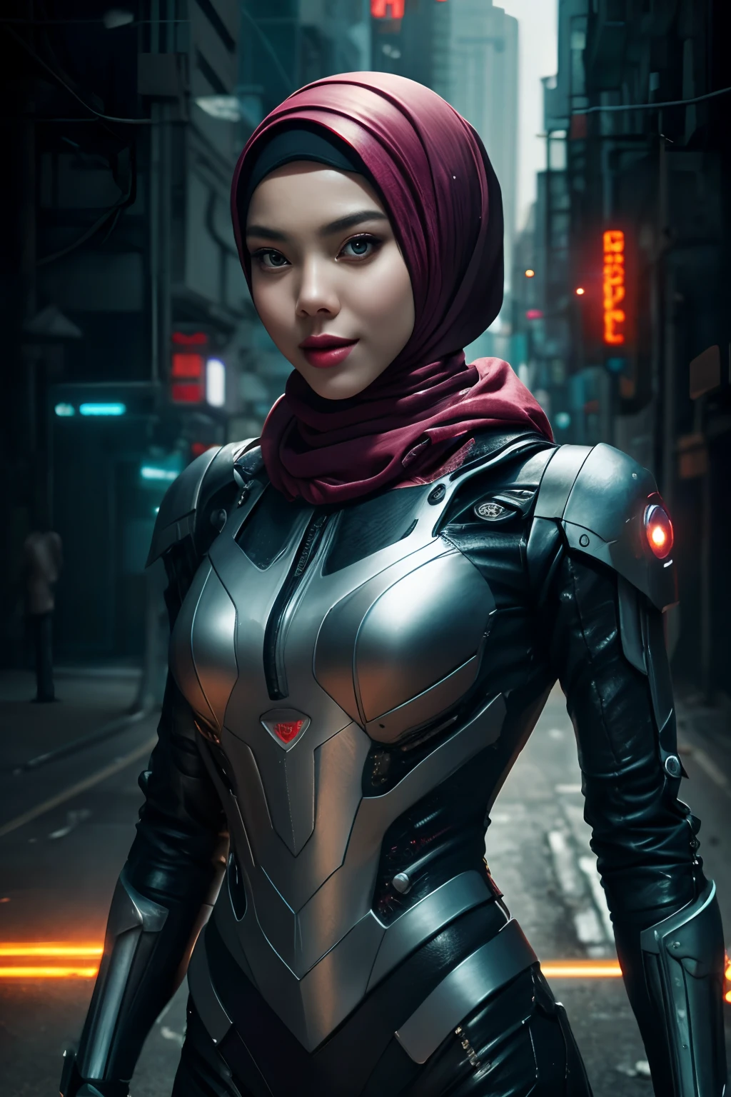 cyber punk malay Girl in hijab,(top-quality、8K、32K、​masterpiece)、(The ultra -The high-definition)、(Photorealsitic:1.4), dynamic pose, cowboy shot, cyberpunk fashion,depth of fields, cyberpunk city background, cinematic lighting.