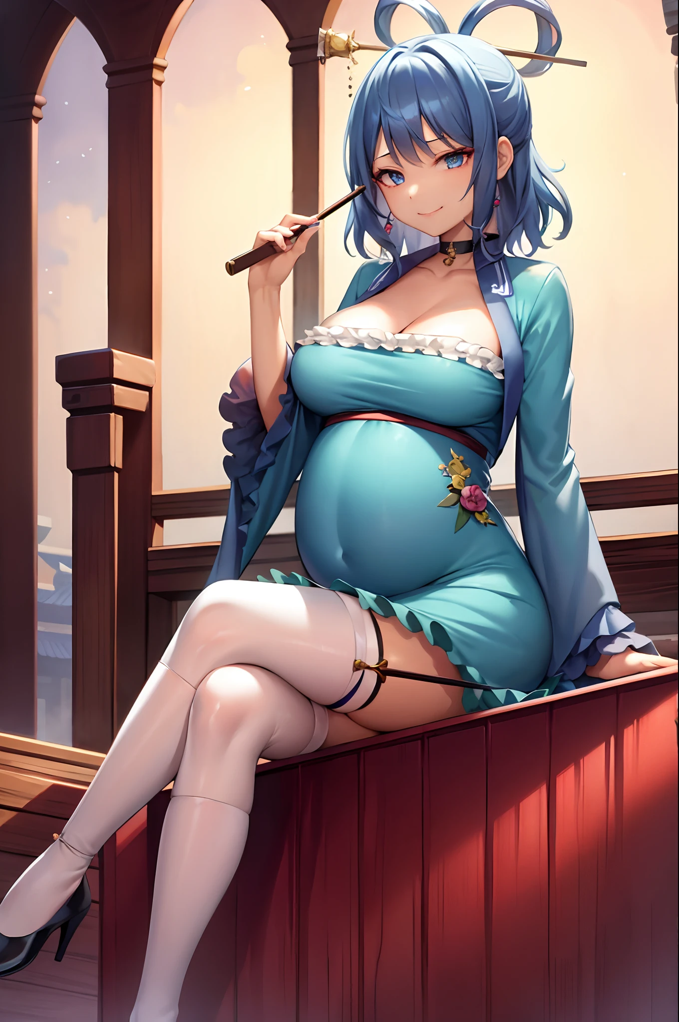 Masterpiece, Best quality,  1girll, kaku seiga, Solo, Breasts, Blue eyes, upper legs, cleavage, hair stick, hair adornments, Blue hair, smoking pipe, dress, ofuda, Shawl, Blue dress, kiseru, white thighhighs, Hair rings, Large breasts, Sitting, Wide sleeves, Holding, full bodyesbian, view the viewer, Crossed legs, blackfootwear, holding a pipe, Short hair, Long sleeves, choker necklace, alternate costume, Smile, Chinese clothes, plumage, 鎖骨, hair between eye, adapted costume, side split, bangs, Aqua dress, Medium breasts, Indoors, Smoke，pregnant belly，Pregnant belly