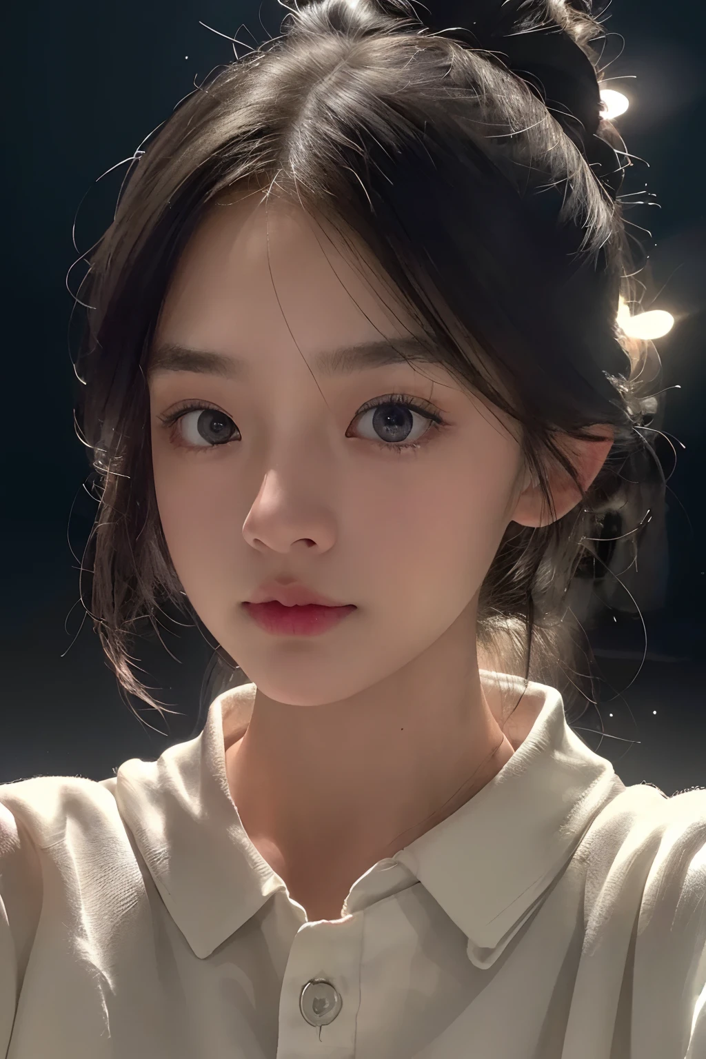 1girll, Light shines on the face, rosy lips, topknot, glowing eyes, hair bun, (Smoother Lighting: 1.2), (Improved Movie Lighting Quality: 1.2), (Brightened Light: 1.2), Surrealism, close-up, Sony FE GM, polar opposites, (symmetry:1.2), UHD, masterpiece, super detail, high details, highres