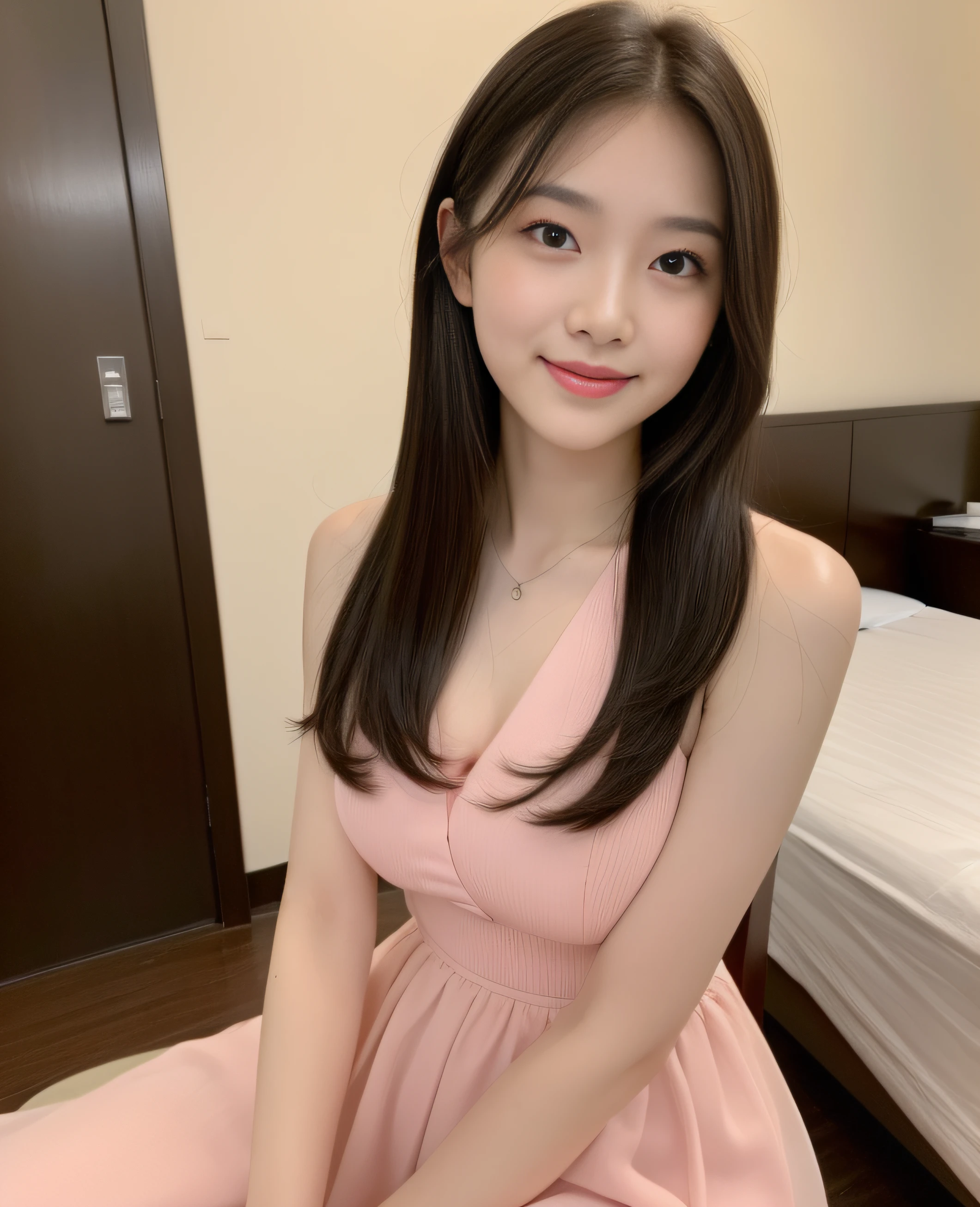 Japanese female, (underweight), (medium bust best quality:1.0), 30 years old, (cheerful grin:1.3),
party venue, delightful, sitting, ((cross-legged:1.5)), shiny hair, medium hair, (long night dress), (light red Clothes), necklace, in the restaurant, with a sofa, full body shot, front view, from below,