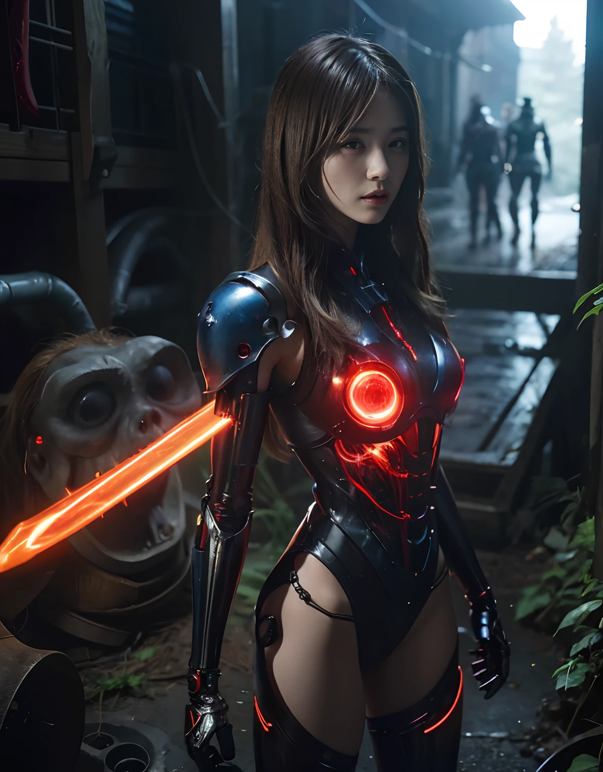 (1 Mechanical Girl)、top-quality、masterpiece、超A high resolution、(Photorealsitic:1.4)、Raw photo、女の子1人、Fight mutants、glowy skin、(((1 Mechanical Girl)))、With a beautiful knife、(Blue Metal Bodysuit)、(Fight fiercely against aliens)、Fight fiercely、(beautiful forest background)、(Fighting Demonic Beasts)、(Small LED)、((super realistic details))、portlate、(Strong giant demon beast background),globalillumination、Shadow、octan render、8K、ultrasharp、Colossal tits、Raw skin is exposed in cleavage、metals、Details of complex ornaments、Japan details、highly intricate detail、Realistic light、(Mystical expression),CGSoation Trends、Red Eyes、radiant eyes、Facing the camera、neon details、(Mechanical limbs)、(blood vessels connected to tubes)、Mechanical vertebrae attached to the back、mechanical cervical attaching to neck、(Wires and cables connecting to the head)、Gundam、Small LED、,Mechanical thighs、Toostock、(Hands are also made of machines)、(Attack of the Monster Beasts)、(Wounded in a deadly battle)、