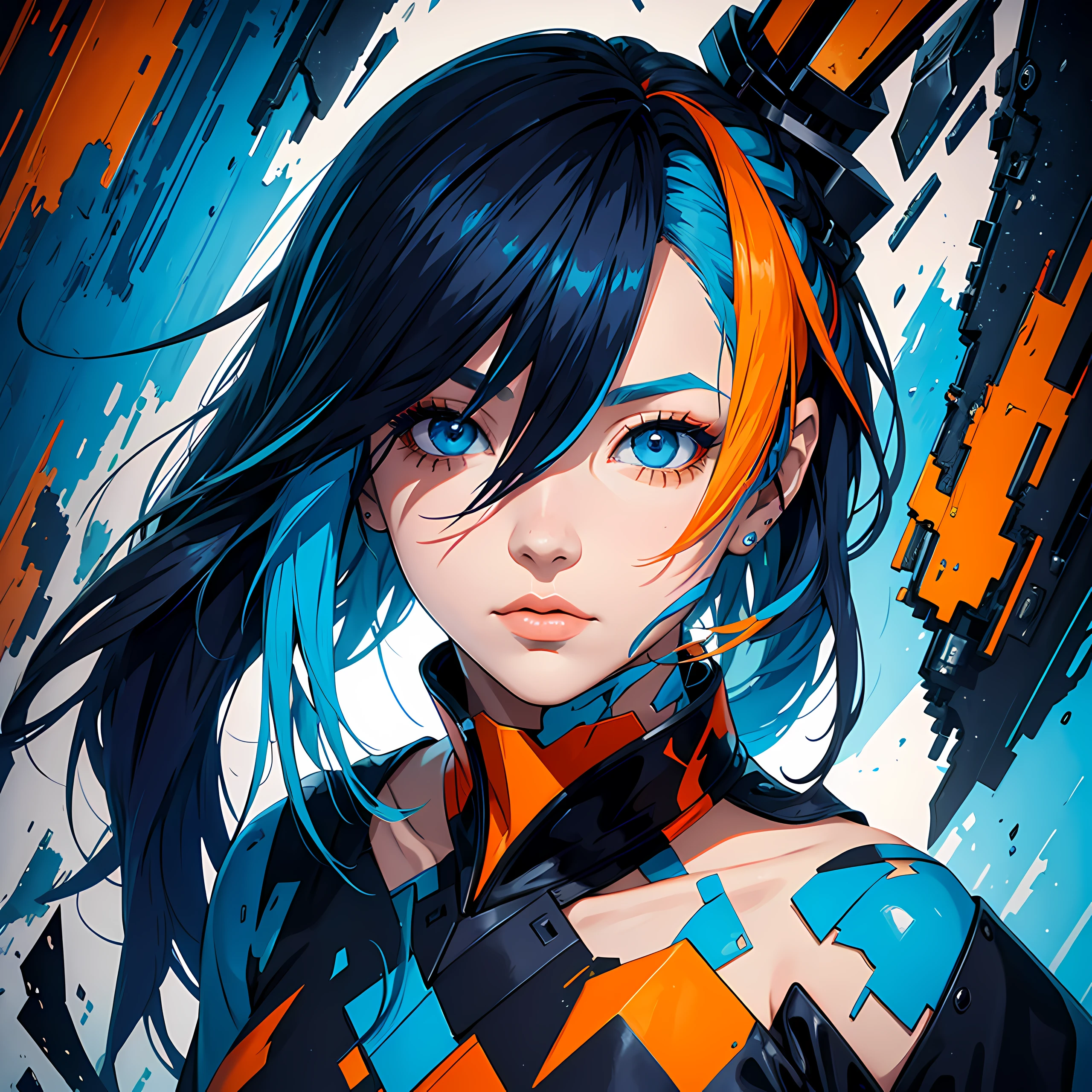 color painting of a woman with colorful hair and eyes, in the style of cubist shattered planes, realistic color palette, i can't believe how beautiful this is, light sky-blue and dark orange, elegant, emotive faces, color splash, hard edge painting