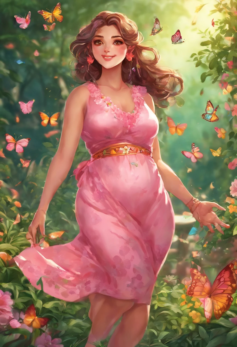 [Scene details], [Material], [Additional details], [Image quality], [Art style], [Color tone], [Lighting].

For the given theme "Huge round belly girl," the prompt could be:

Prompt: A girl with a huge round belly, soft and tender skin, beautiful detailed eyes, rosy cheeks, and a radiant smile. She is wearing a colorful flowing dress, her hands gently caressing her belly. The scene is set in a lush garden with vibrant flowers and dappled sunlight. The overall atmosphere is warm and joyful.

Material: Vivid oil painting

Additional details: Butterflies fluttering around the girl, creating a whimsical and magical feel. The grass beneath her bare feet is lush and green. The girl's hair is flowing in the wind, adding a sense of movement to the painting.

Image quality: (best quality, realistic:1.37), ultra-detailed, HDR

Art style: Portraits

Color tone: Warm and vibrant colors, with a focus on shades of pink, green, and yellow. 

Lighting: Soft, natural lighting that highlights the girl's features and creates a gentle shadow under her belly. 

Remember, the prompt should be written in a single line without any explanations or punctuation.