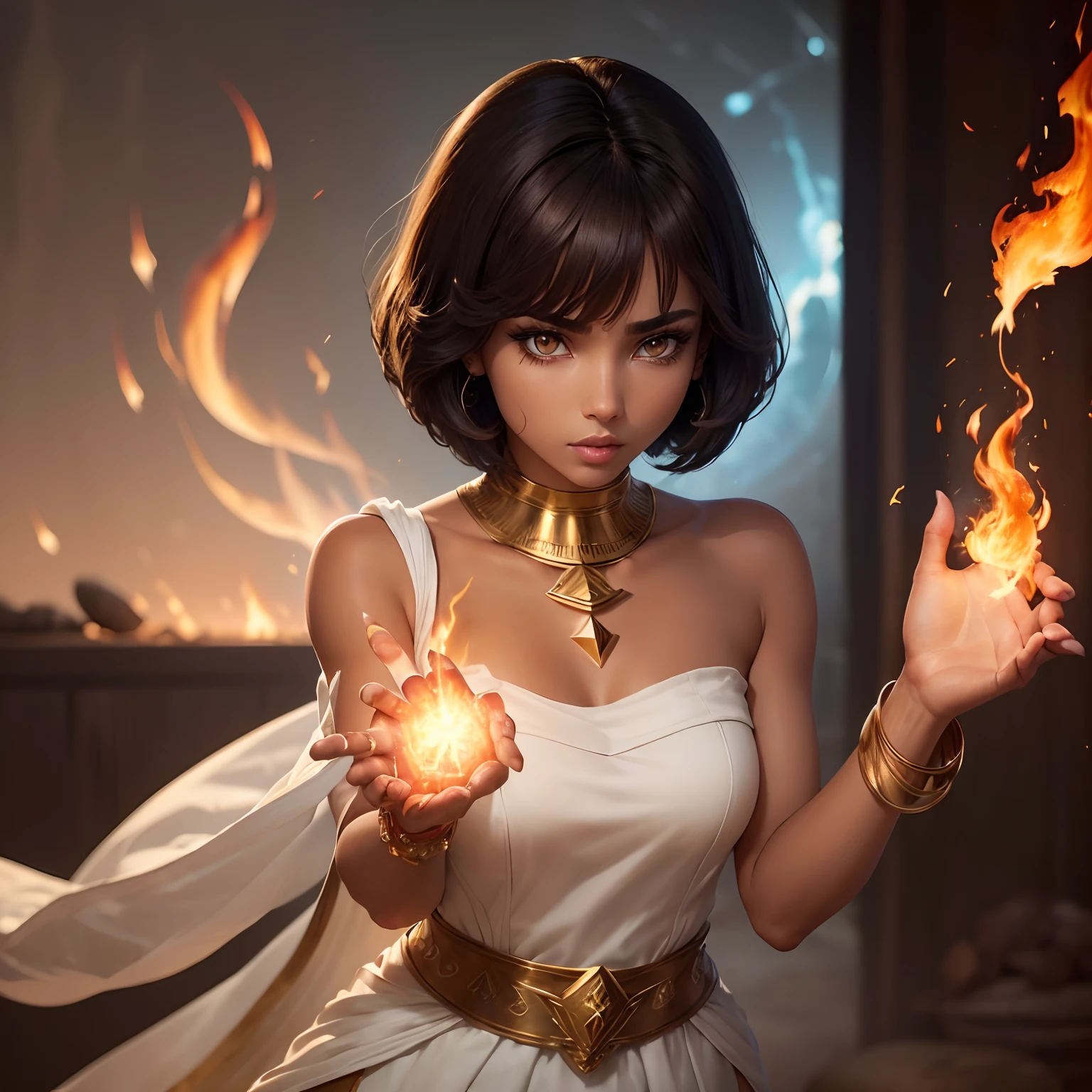 (Best Quality,Ultra-detailed,Realistic:1.37)、Ancient Egyptian sorcerers attack with flame magic、An 18-year-old woman、1femele、独奏、(Sharp eyes:1.5)、Beautiful face of attractive Egyptian woman、Egyptian Women's Makeup、(Blue and long eyeliner:1.3)、Aggressive look、A dark-haired、(Hairstyle is short hair:1.5)、Stylish Egyptian Dresses、White sheath dress、golden colour、Golden bangles、(tanned brown skin:1.5)、(Shoot flames from the palm of your hand:1.5)、perfect hand、red gemstone、Full body