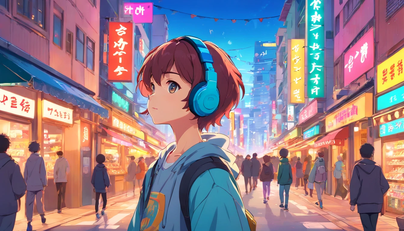 (A boy or ager) with (headphones), (anime style), (walking in a busy town centre), (lofi boy), (anime vibes), (lofi art style), bright colors, vibrant atmosphere
(best quality,4k,8k,highres,masterpiece:1.2),ultra-detailed,(realistic,photorealistic,photo-realistic:1.37),(anime style:1.1),(headphones:1.1),(walking in a busy town centre:1.2),(lofi boy:1.2),(anime vibes:1.1),(lofi art style:1.1),bright colors,vibrant atmosphere,energetic background music, (busy streets:1.1),(crowded crowds:1.1),(colorful shops:1.1),(neon lights:1.1),(exciting atmosphere:1.1),(dynamic cityscape:1.1),(animated street scenes:1.1),(characters in various poses:1.1),(expressive facial features:1.1),(youthful energy:1.1),(hustle and bustle:1.1),(urban lifestyle:1.1),(joyful expressions:1.1),(fashionable attire:1.1),(street fashion:1.1),(trendy hairstyles:1.1),(lively colors:1.1),(music-themed decorations:1.1),(playful art style:1.1),(lofi music vibes:1.1),(dreamy ambiance:1.1),(nostalgic feel:1.1),(distinctive art style:1.1),(anime-inspired details:1.1),(energetic walk:1.1),(stylish headphones:1.1),(positive energy:1.1),(captivating city life:1.1),(energetic character poses:1.1),(multi-dimensional visual effect:1.1),(detailed background elements:1.1),(vivid street scenes:1.1),(exciting dynamic movements:1.1),(lively expressions:1.1),(colorful variety of shops:1.1),(sharp and vibrant colors:1.1),(filled with life:1.1),(fast-paced urban environment:1.1),(animated atmosphere:1.1),(inspired by Japanese anime:1.1),(unique artistic style:1.1),(unconventional perspectives:1.1),(energetic lighting:1.1),(immersive urban experience:1.1),(busy city noises:1.1),(dynamic energy flow:1.1),(animated fashion trends:1.1),(youth culture:1.1),(modern urban vibe:1.1),(stylish streetwear:1.1),(electric atmosphere:1.1),(eye-catching details:1.1)