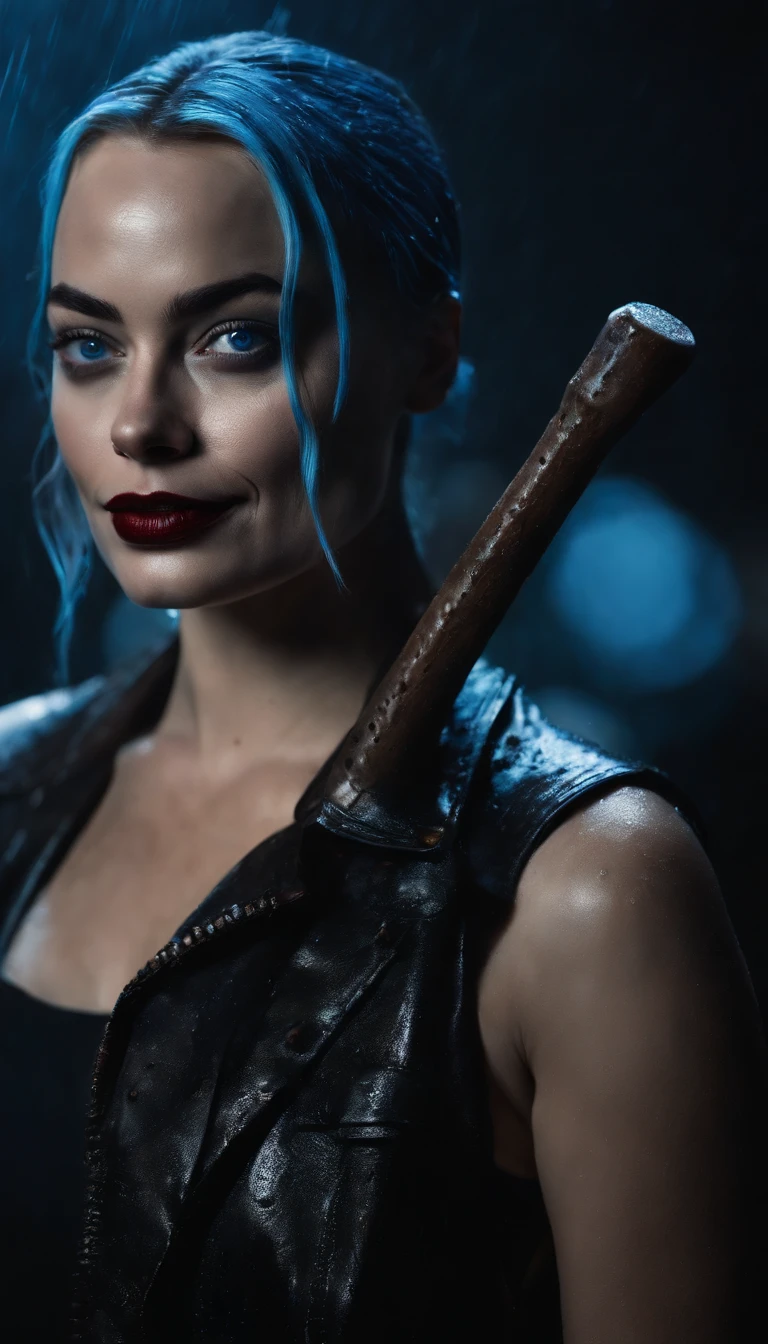 portrait, photorealistic image of margot robbie, harley quinn, soaked, wet, naked, with hammer, ominous smile, dimmed lighting, blue painted wet hair, wet makeup, evil grim, bokeh lighting