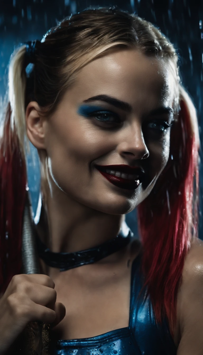 portrait, photorealistic image of margot robbie, harley quinn, soaked, wet, naked, with hammer, ominous smile, dimmed lighting, blue painted wet hair, wet makeup, evil grim, bokeh lighting