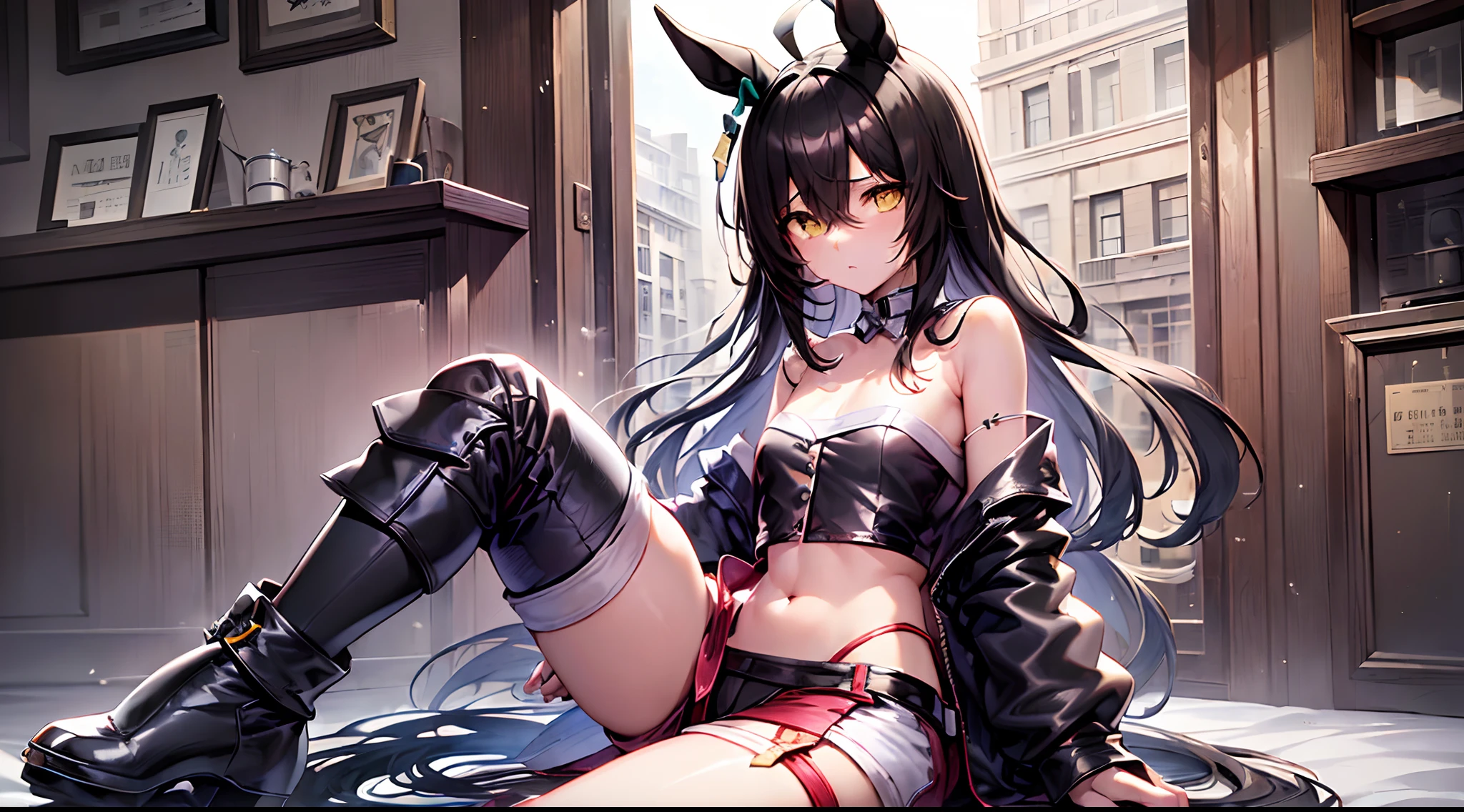 ((masterpiece))、top-quality、Full body wide angle、manhattan-cafe(Umamusume)、(1girl in、独奏)、(horse ear、Horse tail、Horse Girl)、((White ahoge)), (Long Black Hair)、long black bangs passing between the eyes,,,,,,,,,、yellow eyes、(((flat chest)))、((((Black tube top))))、body harnesses、((((White Hot Pants))))、((high leg pantie))、(((Rat trail section)))、Rat groove、a navel、thighs thighs thighs thighs、sitting on、Angle from above