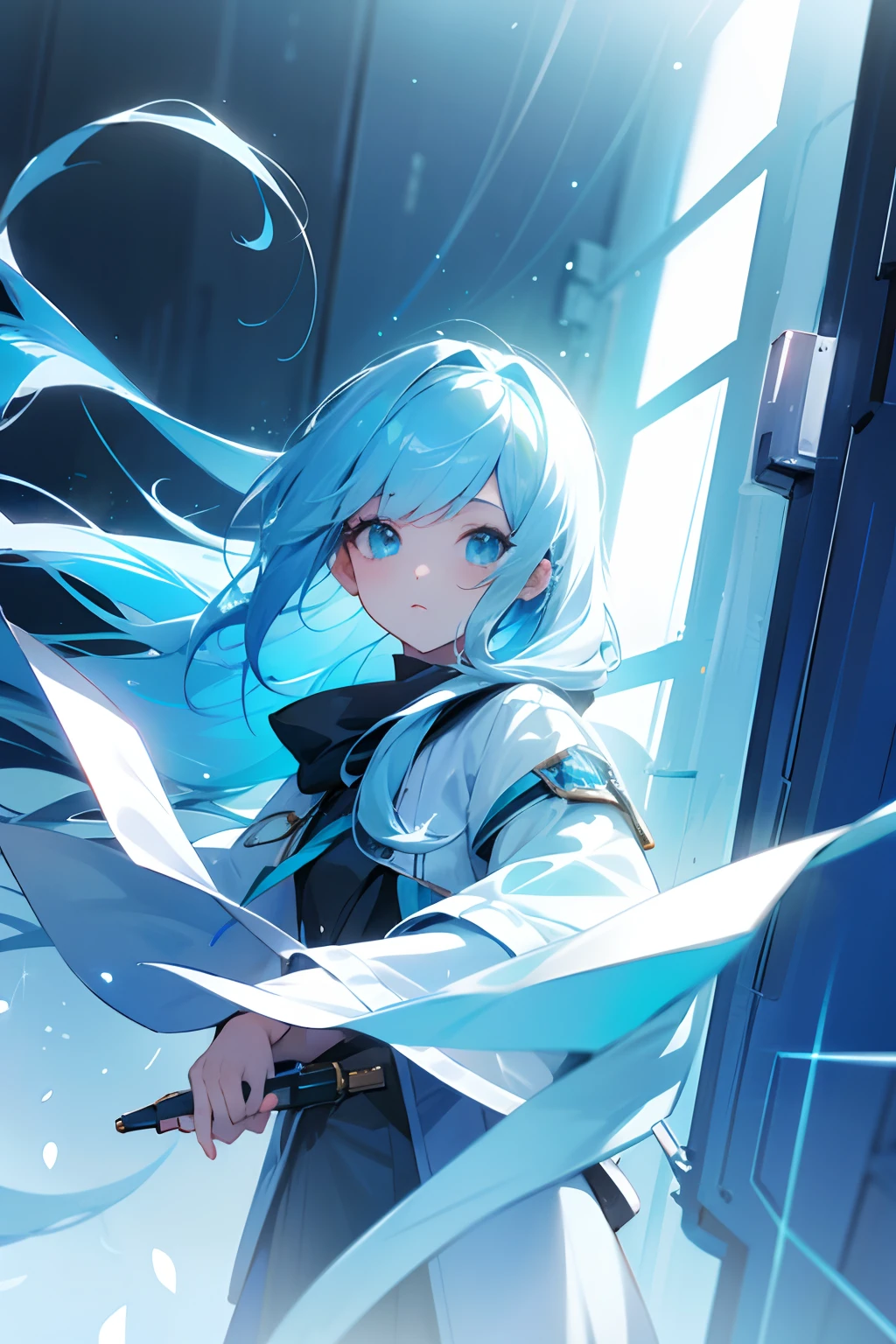 A girl with long light blue hair，Write