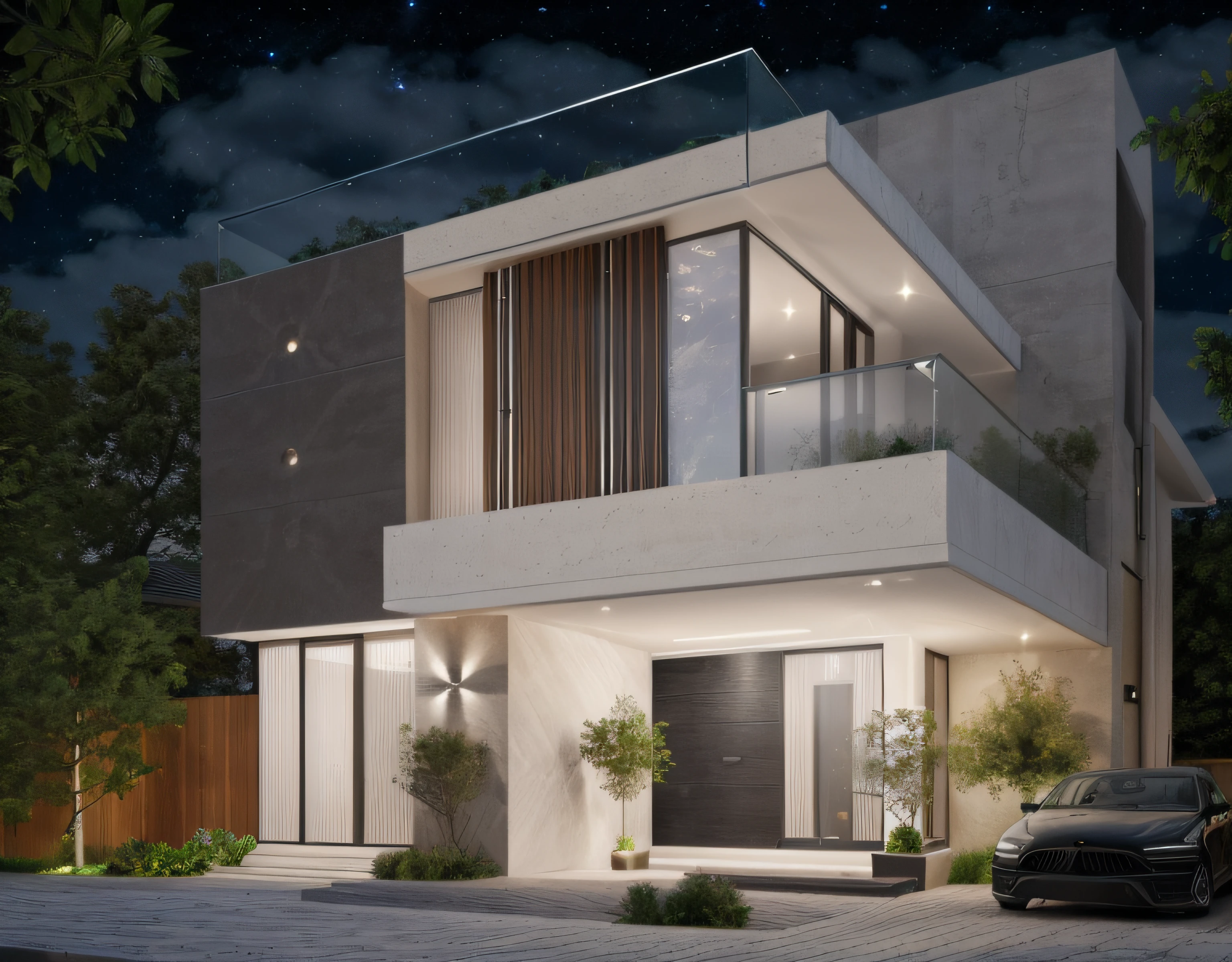 1 morden house, main material by white wall and wood, large yard, 1 road runs in front of the house, (RAW photo, real, best quality, masterpiece:1.2), look morden minimalist, 1 road in front of the house, shime ring light, light brighteness from indoor:1.2, dynamic lighting:1.3, (hyper realistic, photo-realistic:1.2), high quality, (dark lighting:1.2), perfect lighting, archdaily, ((NIGHT SKY:1.2)), ((Terrace glass railing))