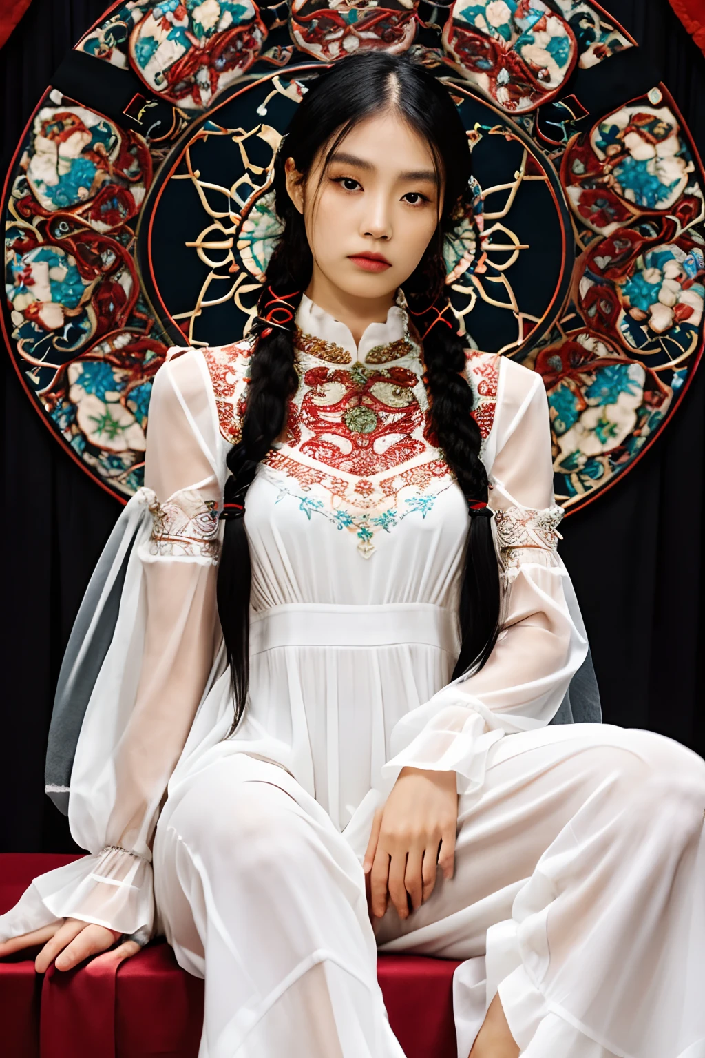 Girl 02, Shot on a Nikon Z7 II mirrorless camera,120 mm F/4 Wide angle
Girl 02, 1girll, Solo, Long hair, view the viewer, Black hair, Long sleeves, weave
One in a white dress,Woman with black braids with blue and red patterns around her neck, Chen Lu, Art Nouveau fashion embroidery, a character portrait, aestheticism
A woman wearing a black blouse and a red scarf,There is a red and white pattern on the neck, Chen Jiru, Art Nouveau fashion embroidery, Silk screening, cloisonne
Best quality, Masterpiece, Ultra detailed, Cowboy shot, Flowing, 3DMM, Ink sketch, Color ink, Ink rendering, rendering by octane, pastels, rice paper, 1girll, Beautiful detailed eyes, (alternate hairstyle), ultra detailed hair, Graceful, (Charming), (Delicate), pretty, Cute, Lace dress, The character in the center of the frame, rhythm, fantasy, view the viewer,Camel toe petals,Hollow-out on,sweat leggs,White liquid, Smooth pink skin, shiny metallic glossy skin, Shiny,spread their legs,M-shaped legs,Irritated,white liquid all over body,Full body like