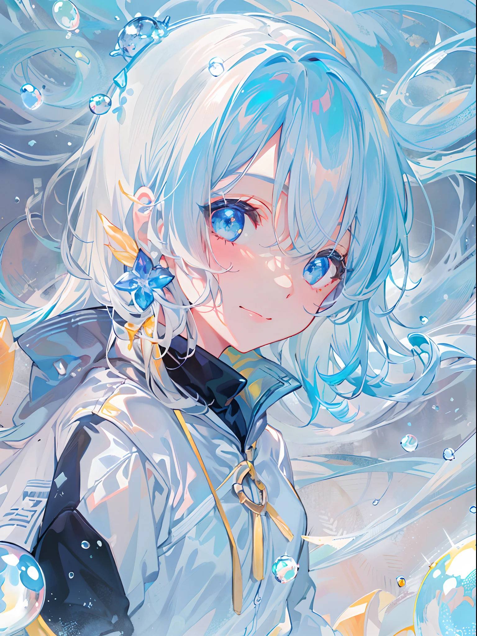 ((top-quality)), ((masterpiece)), ((ultra-detailliert)), (extremely delicate and beautiful), girl with, 独奏, cold attitude,((Black jacket)),She is very(relax)with the(Settled down)Looks,A dark-haired, depth of fields,evil smile,Bubble, under the water, Air bubble,bright light blue eyes,Inner color with light white hair and and light blue tips,Cold background,Bob Hair - Linear Art, shortpants、knee high socks、White uniform like school uniform、Light blue ribbon ties、Clothes are sheer、Hands in pockets、Bright eyes like sapphires,flourescent blue, There was a little blue light floating around、Upper eyes、