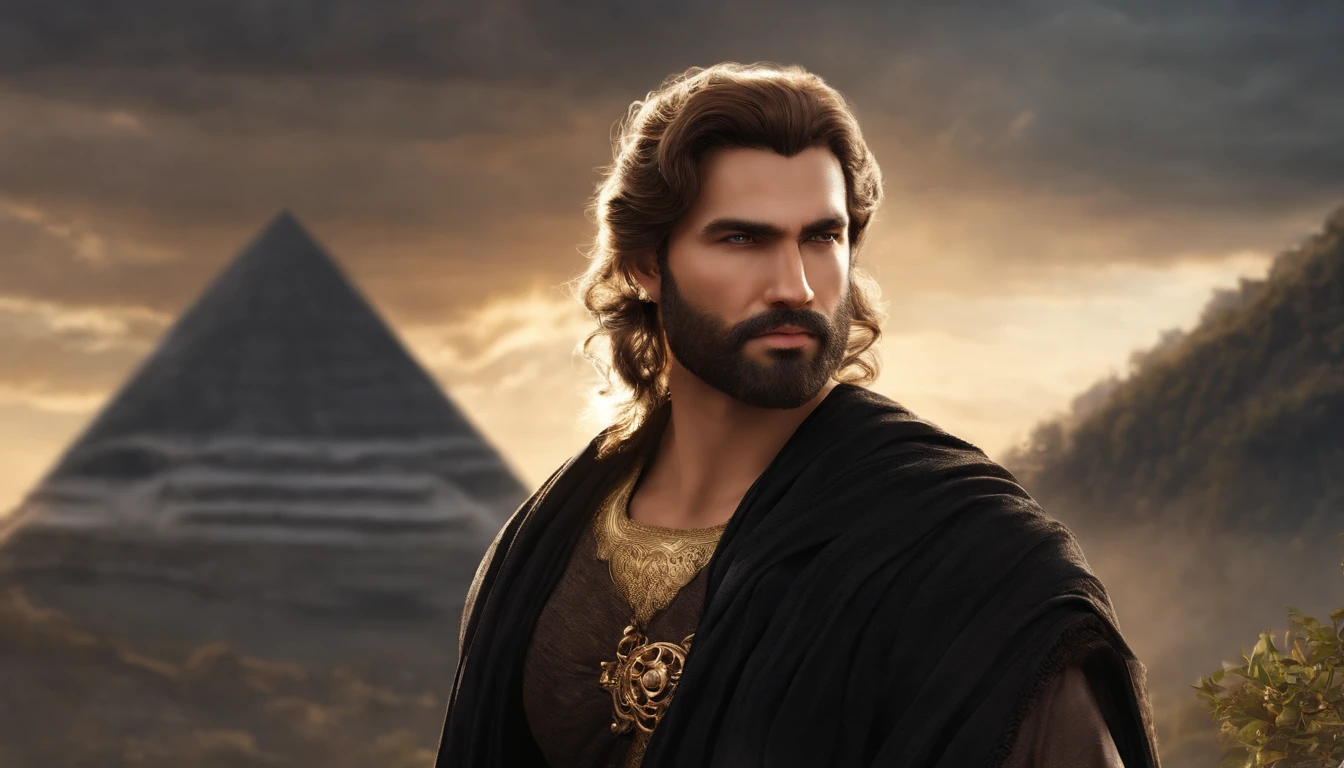 Digital realistic front pose looking image of a most attractive sun god, age 30, face fair, very attractive, handsome, romantic , wisdom full attractive mesmerizing divine eyes looking in front pose, sharp nose, smiling lips , have long loose golden hairs. Good looking beard , Body appearance elegant, stout, masculine, dynamic, looks mighty like a handsome greek god, wears a black robe, detailed realistic looking avatar.