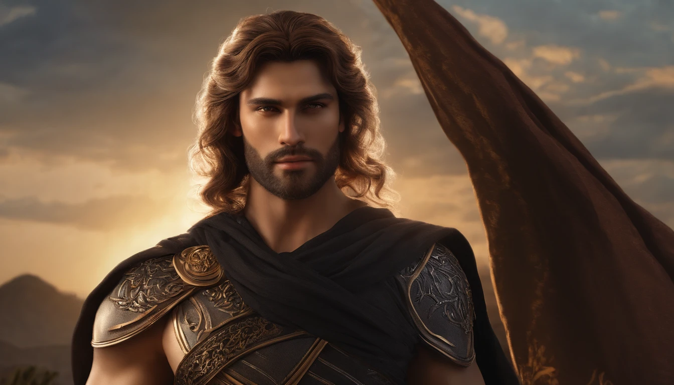 Digital realistic front pose looking image of a most attractive sun god, age 30, face fair, very attractive, handsome, romantic , wisdom full attractive mesmerizing divine eyes looking in front pose, sharp nose, smiling lips , have long loose golden hairs. Good looking beard , Body appearance elegant, stout, masculine, dynamic, looks mighty like a handsome greek god, wears a black robe, detailed realistic looking avatar.