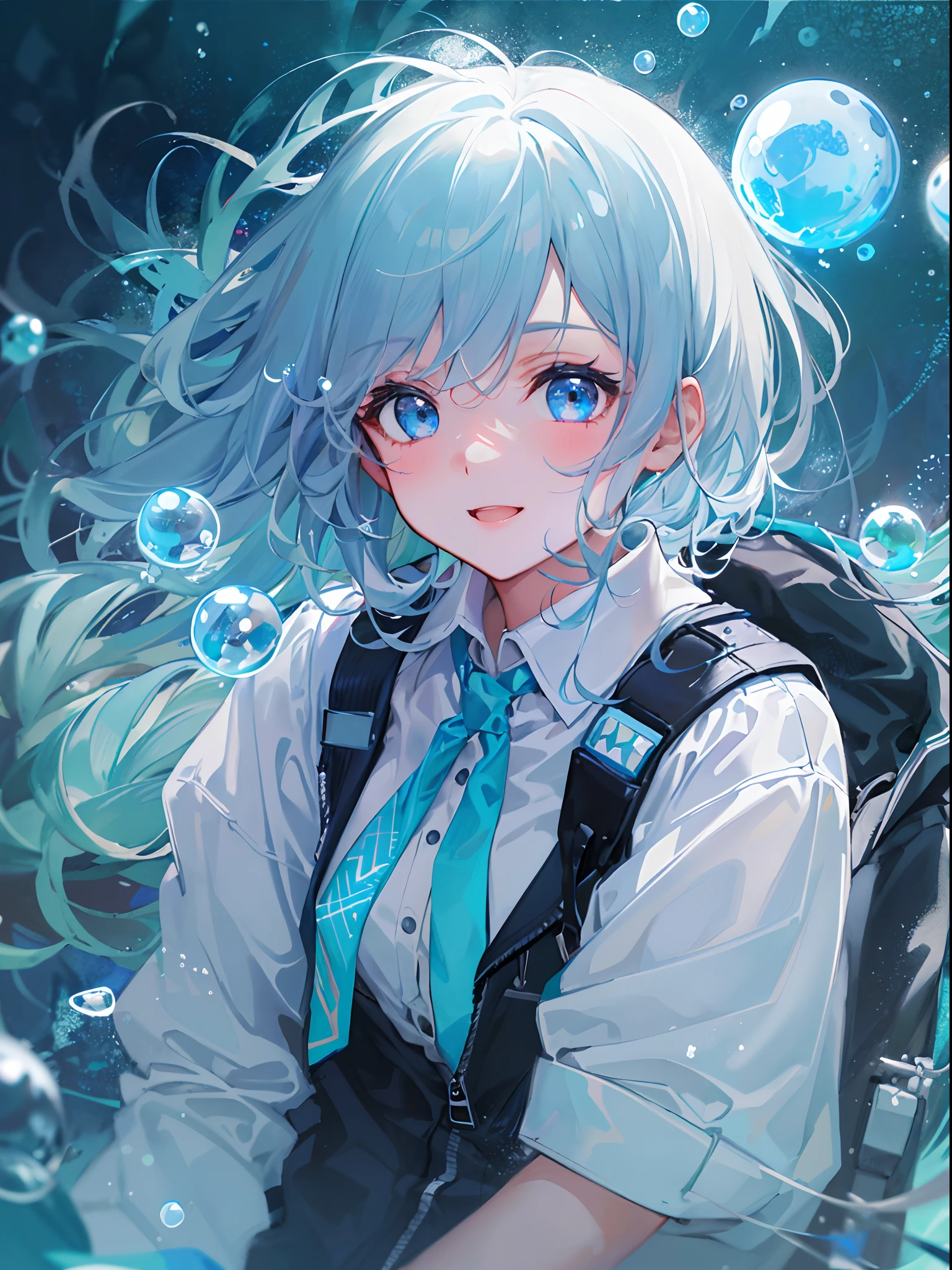 ((top-quality)), ((​masterpiece)), ((ultra-detailliert)), (extremely delicate and beautiful), girl with, 独奏, cold attitude,((Black jacket)),She is very(relax)with the(Settled down)Looks,A dark-haired, depth of fields,evil smile,Bubble, under the water, Air bubble,bright light blue eyes,Inner color with light white hair and and light blue tips,Cold background,Bob Hair - Linear Art, shortpants、knee high socks、White uniform like school uniform、Light blue ribbon ties、Clothes are sheer、Hands in pockets、Bright eyes like sapphires,flourescent blue, There was a little blue light floating around、Upper eyes、