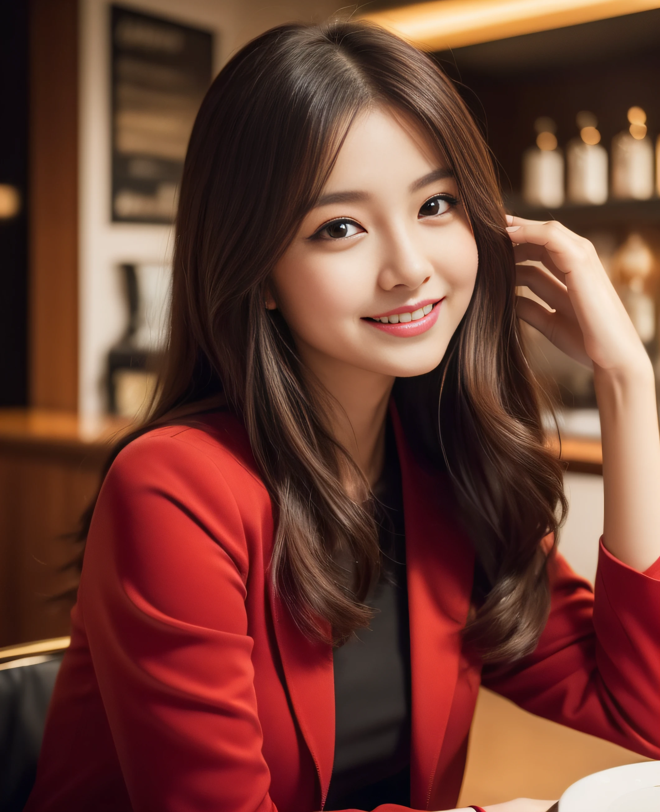 ((Top quality, 8K, Masterpiece: 1.3)), Beautiful girl, Pure, Melon face, Kind and cute, Sweet smile, Pure desire, Slender body, (Front), (Tilted head), ((Looking at camera) ), wearing a raspberry ripple colored suit, black silky long hair, long flowing shoulders, round black big eyes, clear big eyes, moist red lips, sweet, sitting on a chair, cafe background ,(((waist shot))),,