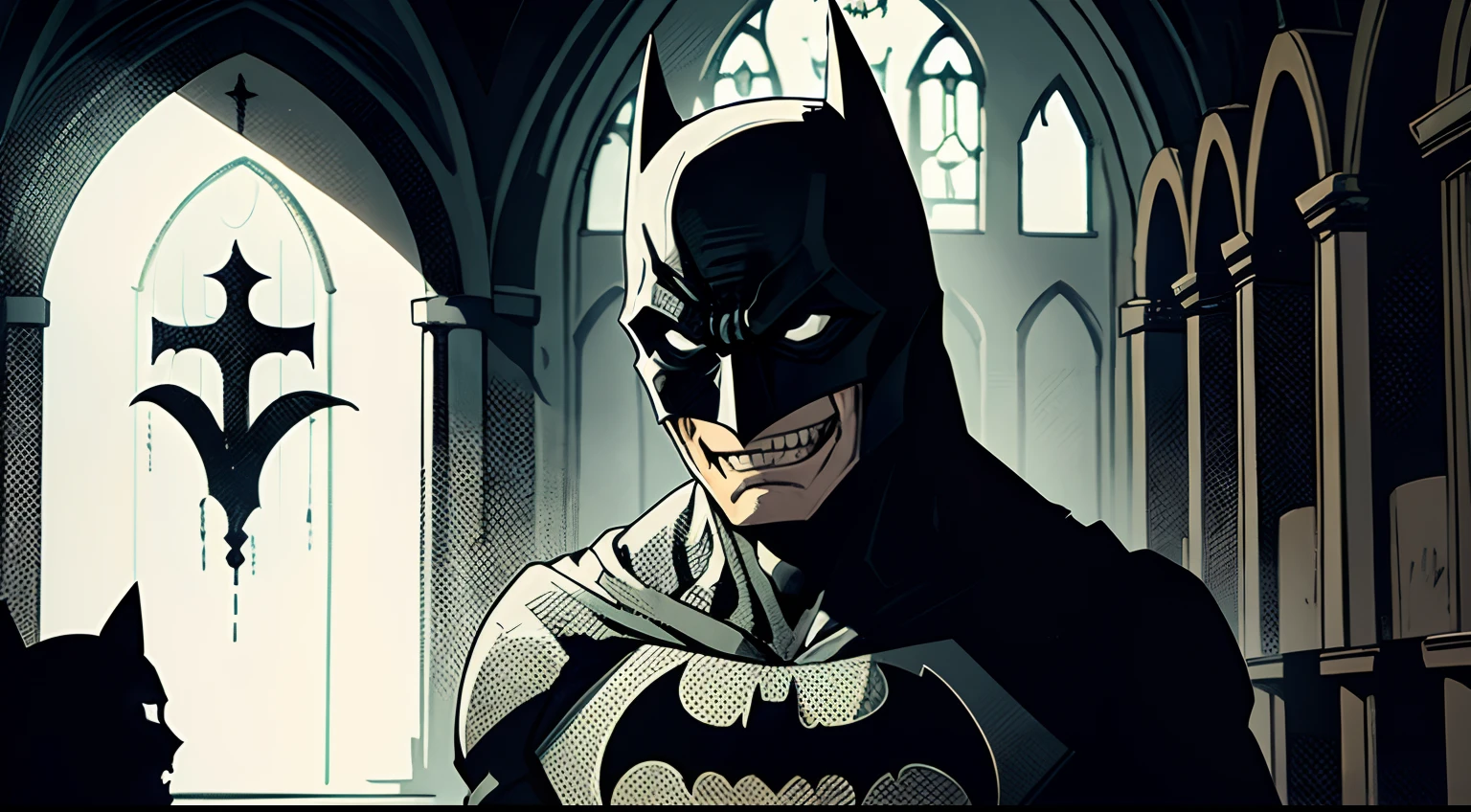 batman, closup face, dark shadowy figure, creepy laugh, scary, inside church, night time