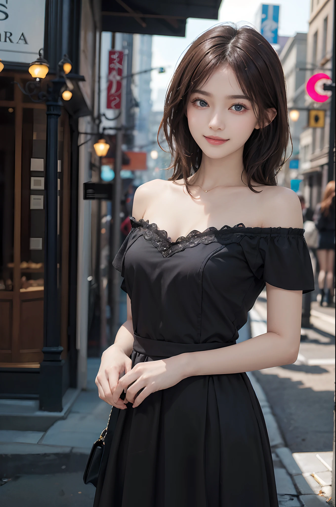 ((top-quality、​masterpiece:1.3))、、1 female:2.0、Colossal tits:1.3、Slender body type:1.1、Toned abs、Brown hair、short-cut、Detailed lips、detailedeyes、二重まぶた、blue eyess、wide Shots、(Raw photography、top-quality)、(realisitic、Photorealsitic:1.3)、top-quality、​masterpiece、extremely delicate and beautiful、extremely details CG、 absurderes、A smile、Erotic face、Street、Fours、Slouched、Nokezoru、Black off-the-shoulder dress、Strong smile、model poses、Looking to the right、Cute side shot of a 19-year-old +Shy + Gorgeous French-Albanian Schoolgirl、god rays、Shot with AFGA Vista 400::2.0 、Atmospheric photo in the style of Eric Madigan Heck and Arthur Elgort、Atmospheric、Bokeh、yuki