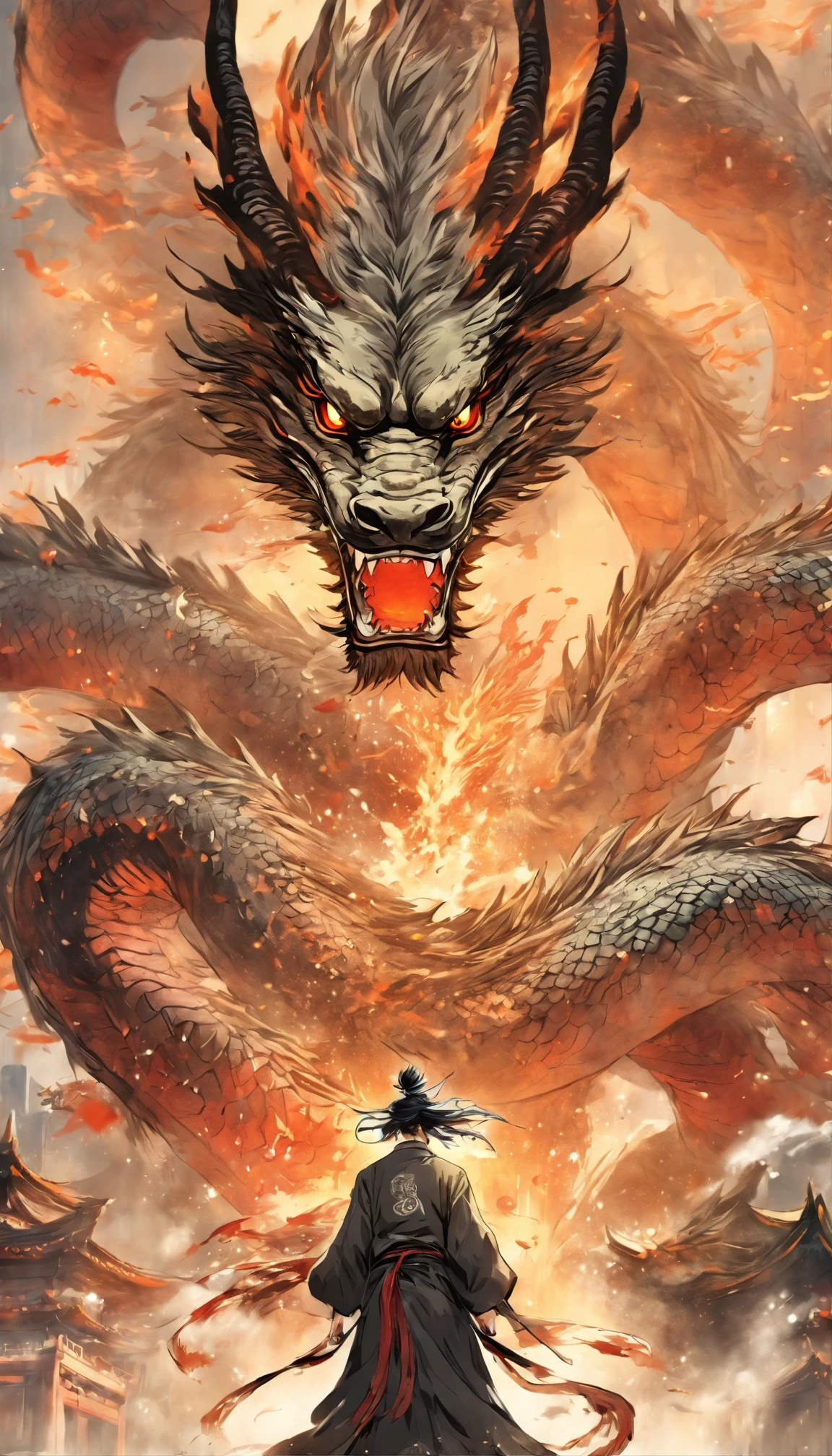 (detailed scene, Chinese style, medium:ink painting, a Taoist standing before a giant dragon, stretching his hands, messy long hair, glowing special effects, hyper-realistic, black and white ink style, silver hue, desaturated, smudged makeup, ink stains, 8K resolution, ultra-fine details, high quality, O.C. rendering)