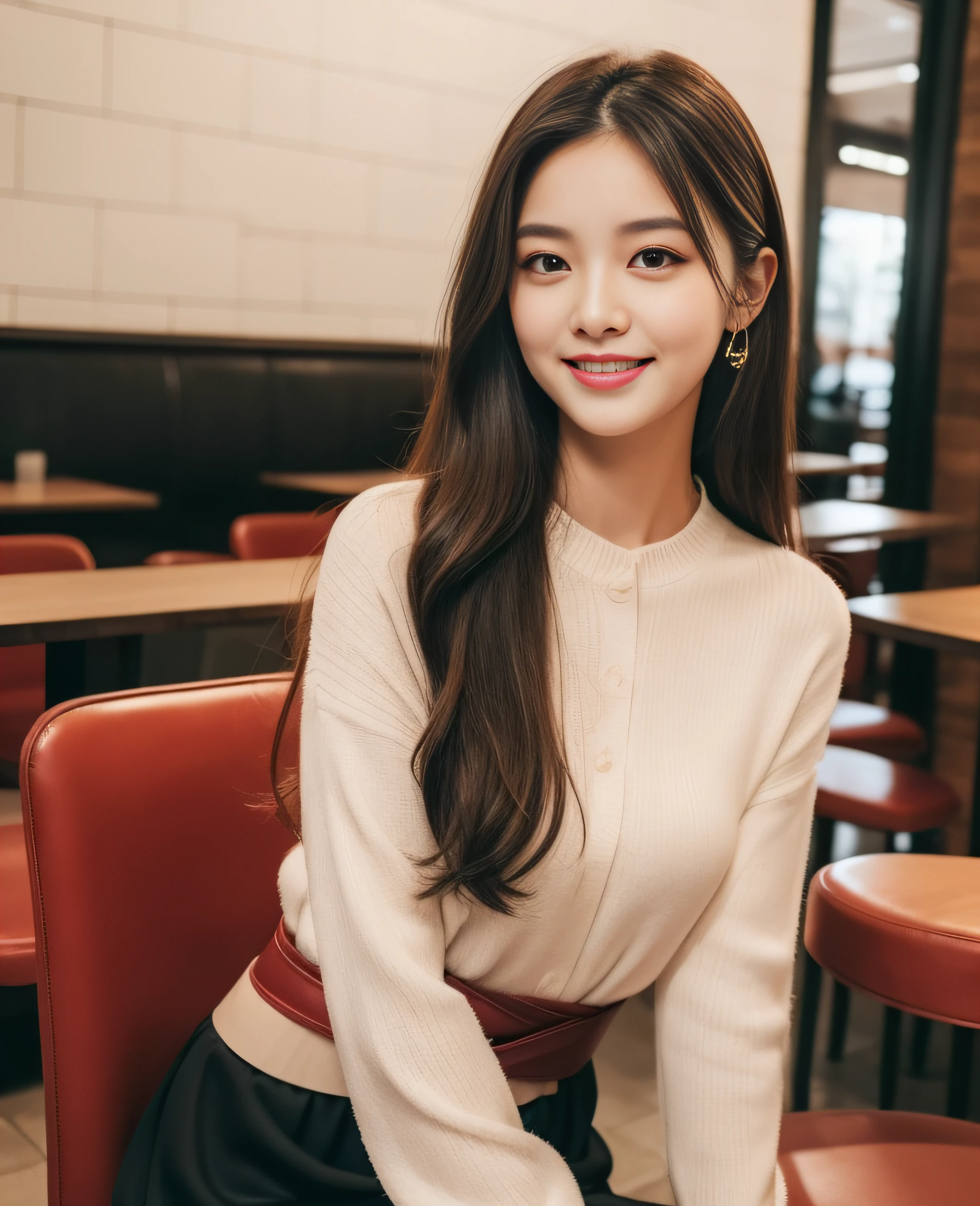 ((Top quality, 8K, Masterpiece: 1.3)), Beautiful girl, Pure, Melon face, Kind and cute, Sweet smile, Pure desire, Slender body, (Front), (Tilted head), ((Looking at camera) ), wearing a raspberry ripple colored suit, black silky long hair, long flowing shoulders, round black big eyes, clear big eyes, moist red lips, sweet, sitting on a chair, cafe background ,(((waist shot))),,